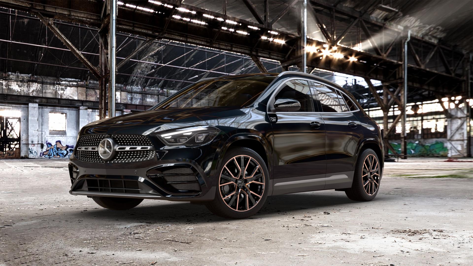 2DRV WH34 Schwarz Kupfer hochglanzpoliert Felge mit Reifen in 19Zoll Winterfelge Alufelge auf schwarzem metallic Mercedes GLA-Klasse Typ F2B Facelift ⬇️ mit 15mm Tieferlegung ⬇️ Old Industrial Hall_max_5300mm_2024 Frontansicht_1