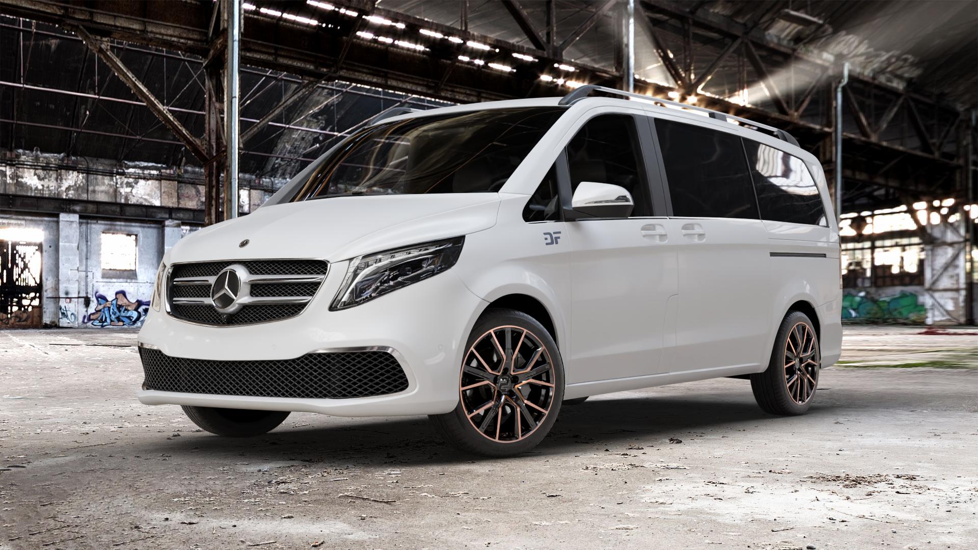 2DRV WH34 Schwarz Kupfer hochglanzpoliert Felge mit Reifen in 19Zoll Winterfelge Alufelge auf weissem Mercedes V-Klasse Typ W447 Facelift Marco Polo Vito Tourer ⬇️ mit 15mm Tieferlegung ⬇️ Old Industrial Hall_max_5300mm_2024 Frontansicht_1