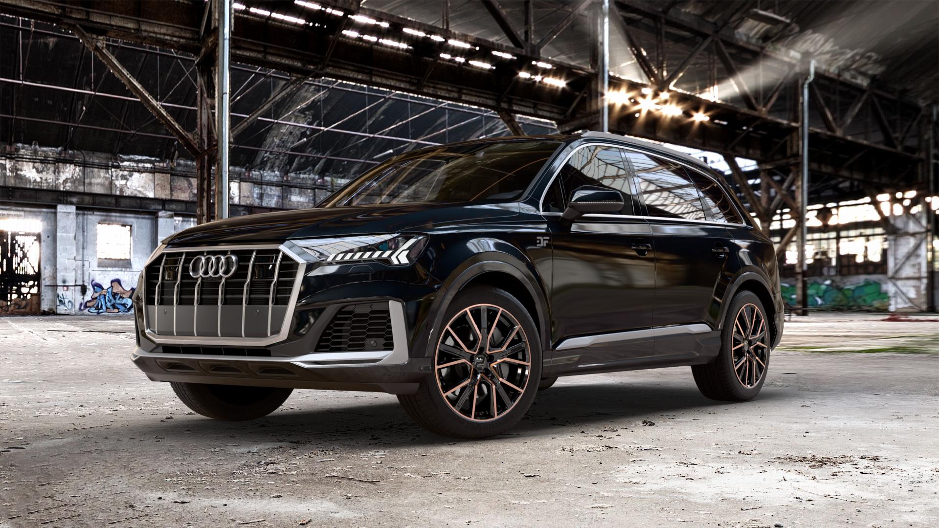 2DRV WH34 Schwarz Kupfer hochglanzpoliert Felge mit Reifen in 20Zoll Winterfelge Alufelge auf metallic schwarzem Audi Q7 II Typ 4M (4L) Facelift 19-> ⬇️ mit 15mm Tieferlegung ⬇️ Old Industrial Hall_max_5300mm_2024 Frontansicht_1