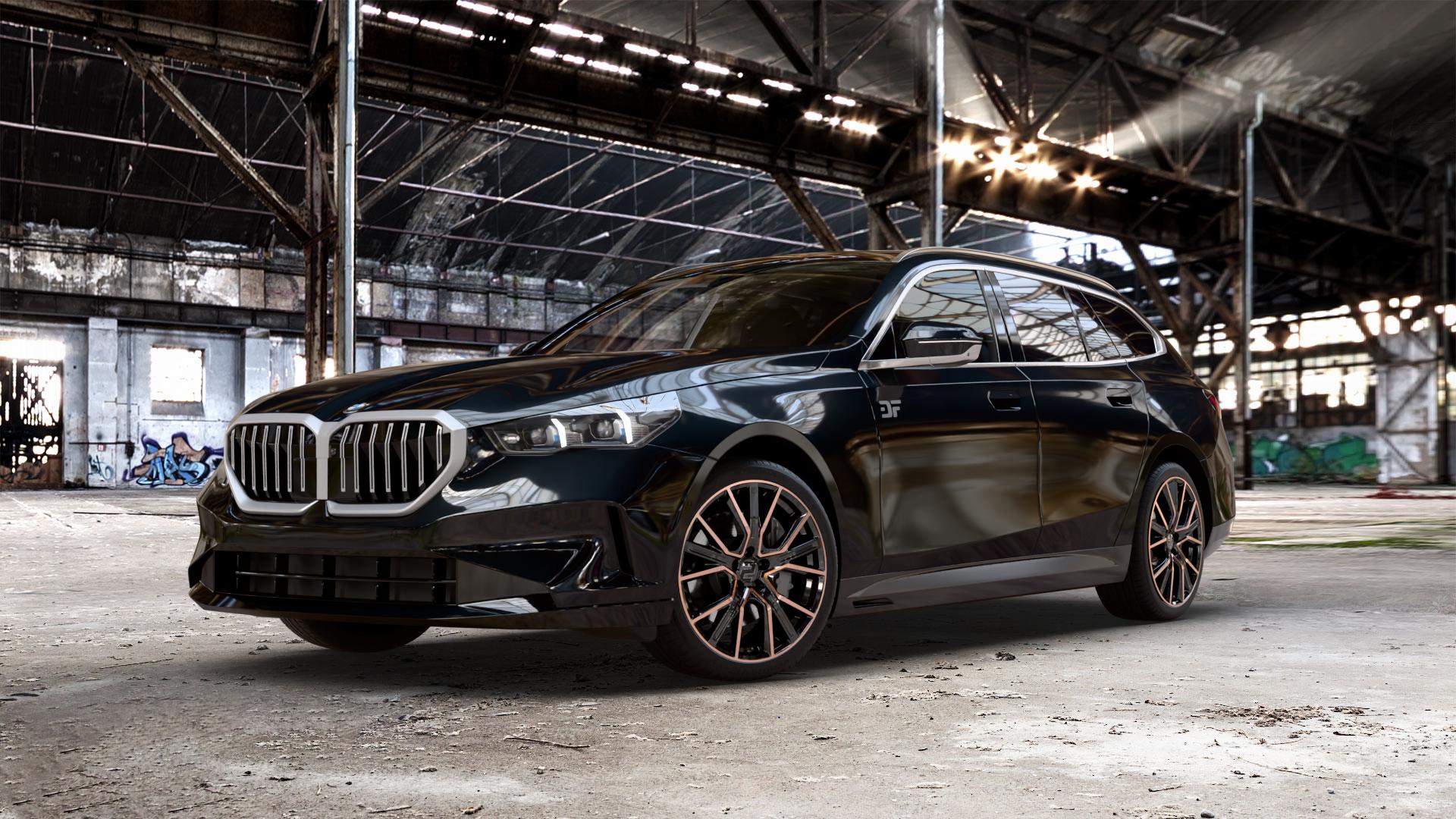 2DRV WH34 Schwarz Kupfer hochglanzpoliert Felge mit Reifen in 20Zoll Winterfelge Alufelge auf schwarzem metallic BMW 520d Typ G61 (Touring) xDrive 5er Touring (G6K) ⬇️ mit 15mm Tieferlegung ⬇️ Old Industrial Hall_max_5300mm_2024 Frontansicht_1