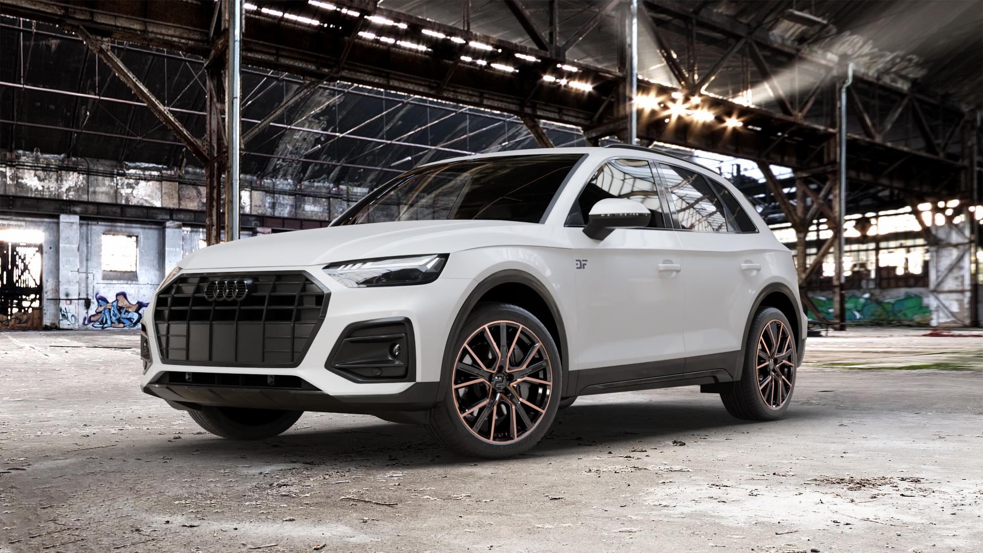 2DRV WH34 Schwarz Kupfer hochglanzpoliert Felge mit Reifen in 20Zoll Winterfelge Alufelge auf weissem Audi Q5 II Typ FY Facelift ⬇️ mit 15mm Tieferlegung ⬇️ Old Industrial Hall_max_5300mm_2024 Frontansicht_1