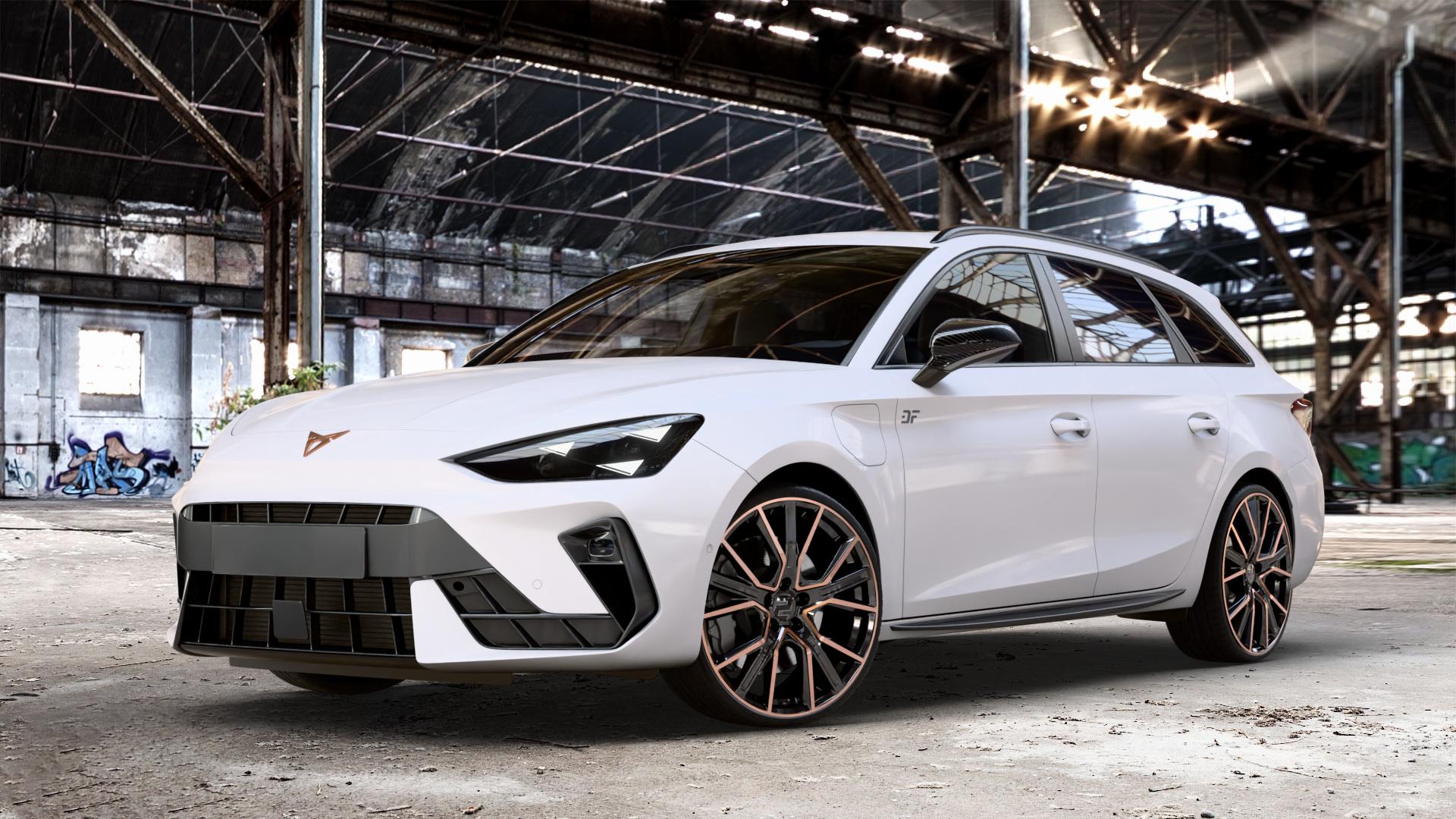 2DRV WH34 Schwarz Kupfer hochglanzpoliert Felge mit Reifen in 20Zoll Winterfelge Alufelge auf weissem Cupra Leon Typ KL ST Facelift ⬇️ mit 15mm Tieferlegung ⬇️ Old Industrial Hall_max_4400mm_2024 Frontansicht_1