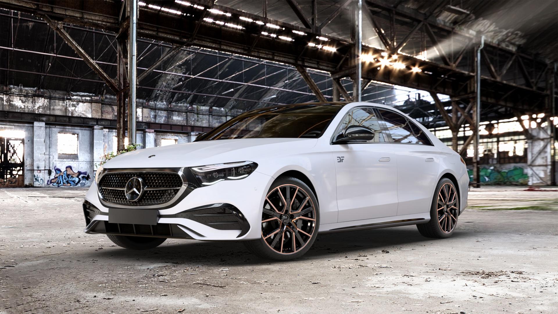 2DRV WH34 Schwarz Kupfer hochglanzpoliert Felge mit Reifen in 20Zoll Winterfelge Alufelge auf weissem Mercedes E-Klasse Typ W214 Limousine (R2EW) ⬇️ mit 15mm Tieferlegung ⬇️ Old Industrial Hall_max_5300mm_2024 Frontansicht_1