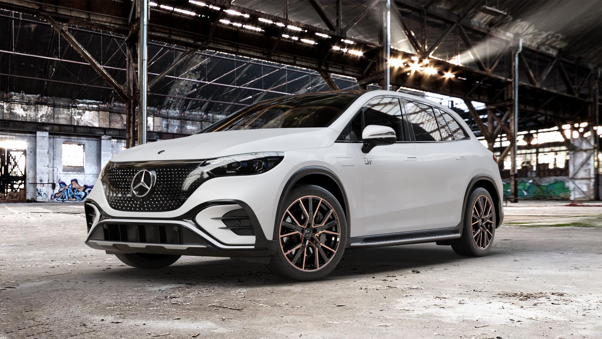 2DRV WH34 Schwarz Kupfer hochglanzpoliert Felge mit Reifen in 20Zoll Winterfelge Alufelge auf weissem Mercedes EQE SUV Typ E2EQEX ⬇️ mit 15mm Tieferlegung ⬇️ Old Industrial Hall_max_5300mm_2024 Frontansicht_1