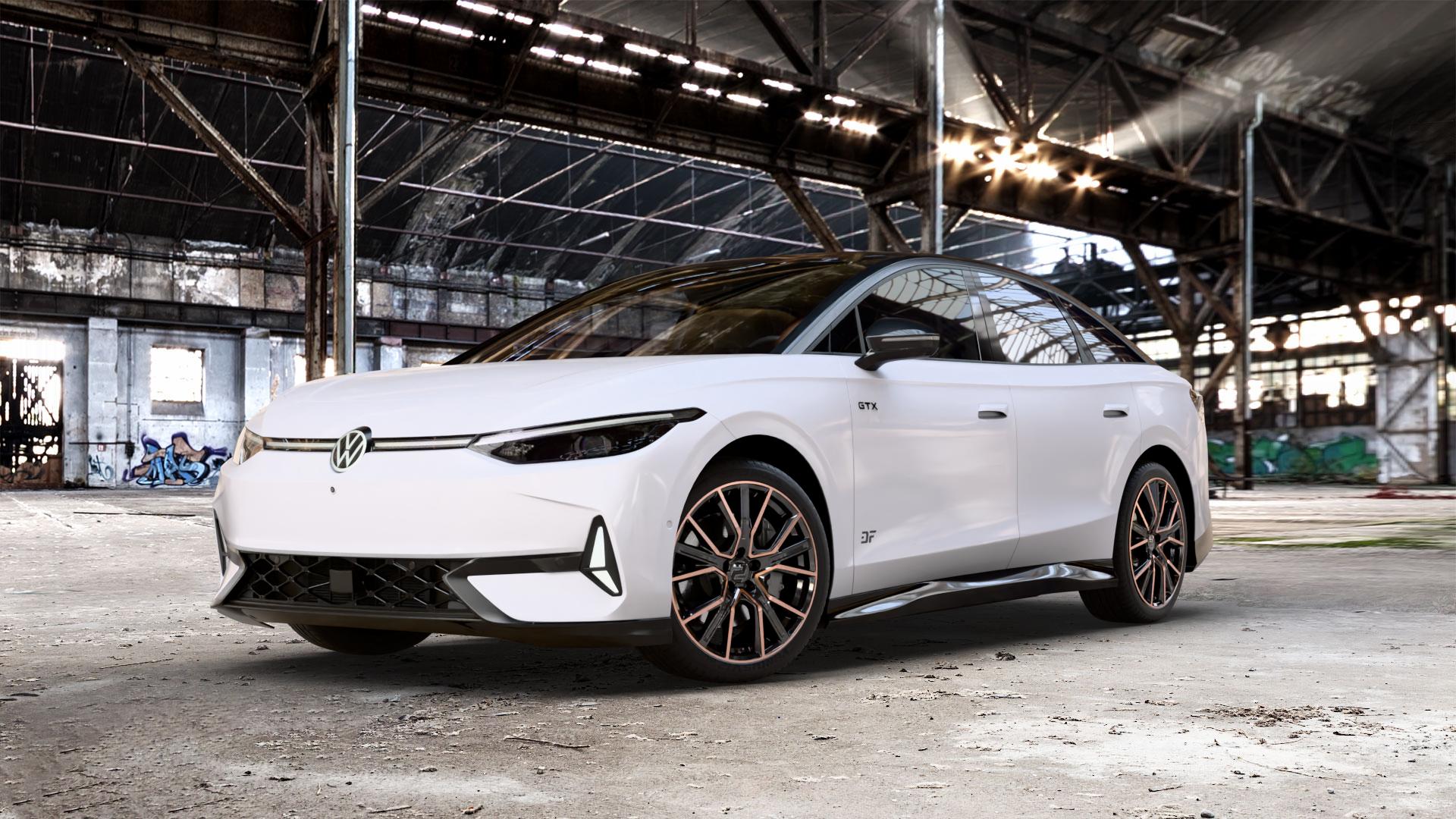2DRV WH34 Schwarz Kupfer hochglanzpoliert Felge mit Reifen in 20Zoll Winterfelge Alufelge auf weissem Volkswagen (VW) ID.7 0,0l 90kW GTX (122 PS) ⬇️ mit 15mm Tieferlegung ⬇️ Old Industrial Hall_max_5300mm_2024 Frontansicht_1