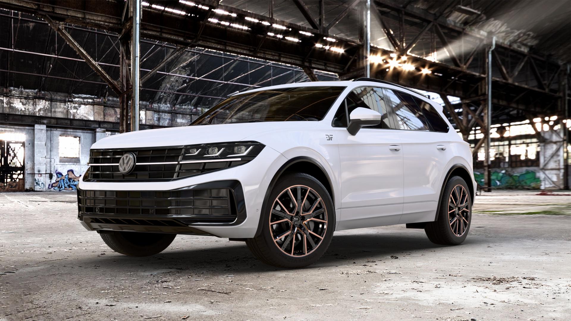 2DRV WH34 Schwarz Kupfer hochglanzpoliert Felge mit Reifen in 20Zoll Winterfelge Alufelge auf weissem Volkswagen (VW) Touareg III Typ CR Facelift ⬇️ mit 15mm Tieferlegung ⬇️ Old Industrial Hall_max_5300mm_2024 Frontansicht_1