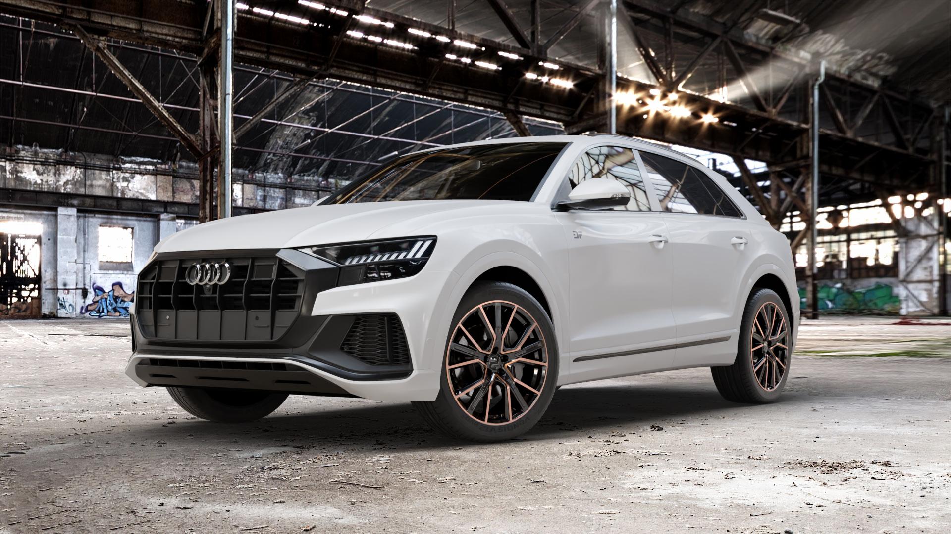 2DRV WH34 Schwarz Kupfer hochglanzpoliert Felge mit Reifen in 21Zoll Winterfelge Alufelge auf weissem Audi Q8 Typ 4M (4L) ⬇️ mit 15mm Tieferlegung ⬇️ Old Industrial Hall_max_5300mm_2024 Frontansicht_1