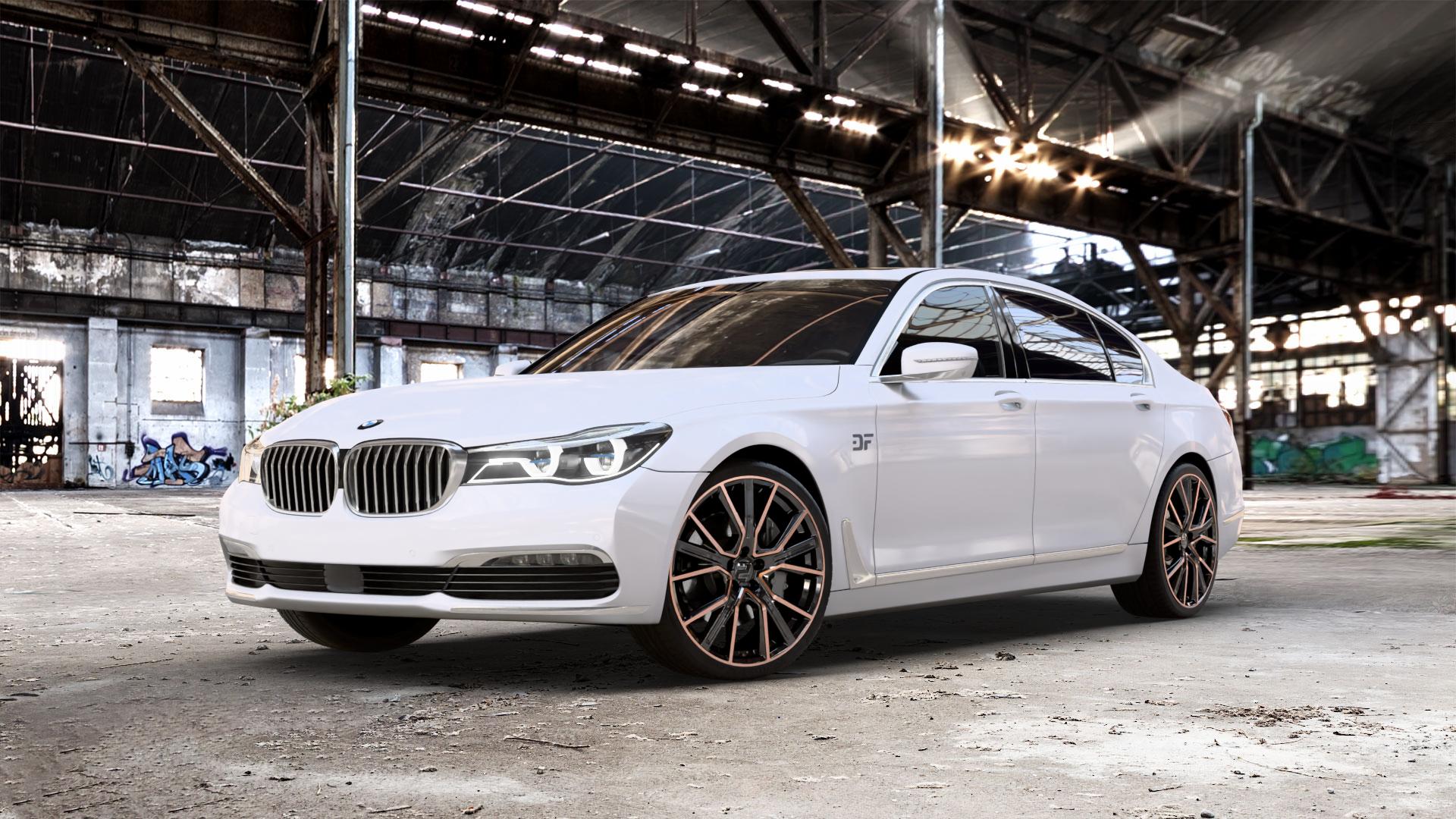 2DRV WH34 Schwarz Kupfer hochglanzpoliert Felge mit Reifen in 21Zoll Winterfelge Alufelge auf weissem BMW 740Li Typ G12 750Li xDrive 730Ld 740Ld 740Le 730Li 750Ld 7er Limousine lang (7L) ⬇️ mit 15mm Tieferlegung ⬇️ Old Industrial Hall_max_5300mm_2024 Frontansicht_1
