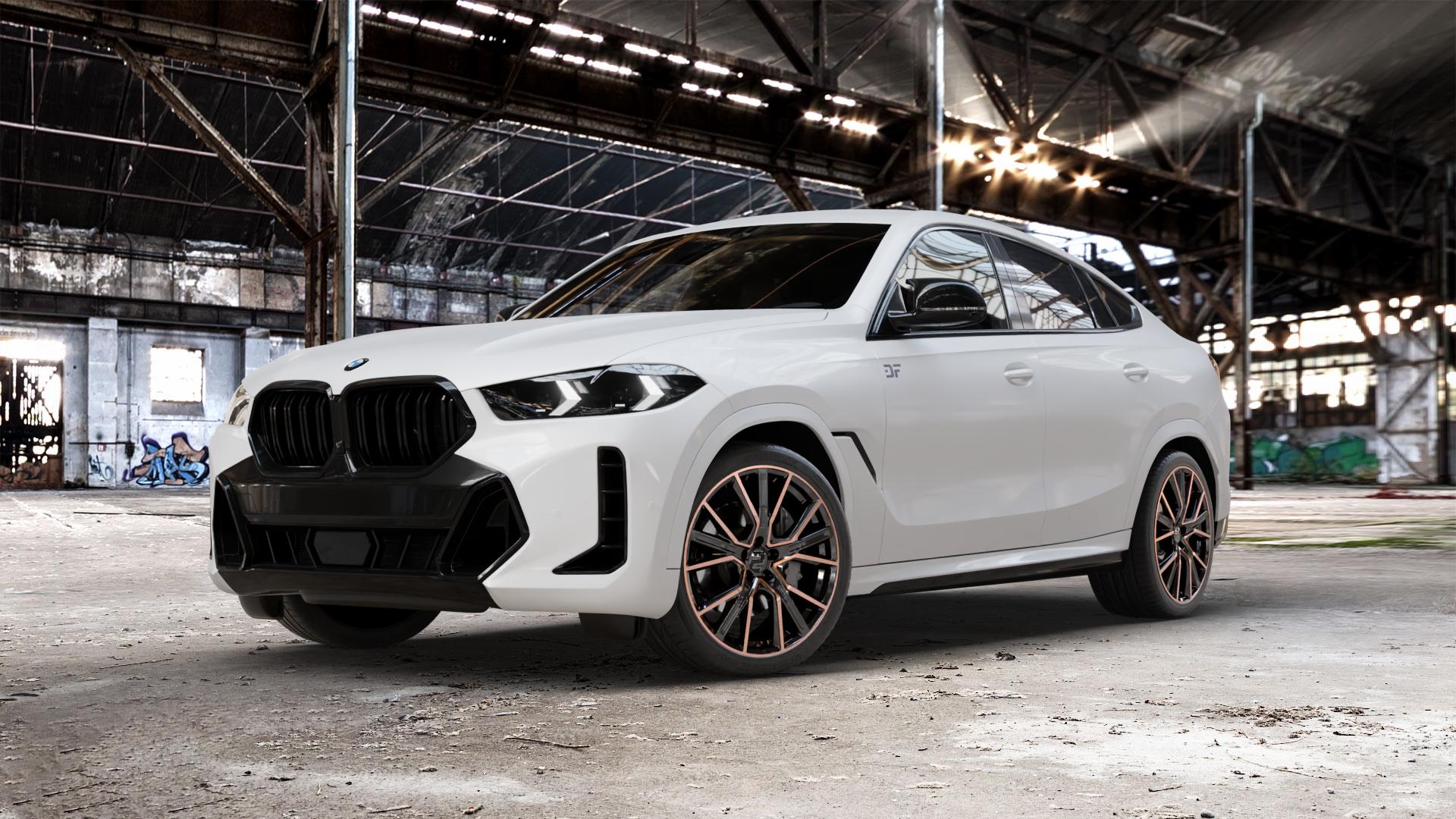 2DRV WH34 Schwarz Kupfer hochglanzpoliert Felge mit Reifen in 21Zoll Winterfelge Alufelge auf weissem BMW X6 Typ G06 (G6X) Facelift ⬇️ mit 15mm Tieferlegung ⬇️ Old Industrial Hall_max_5300mm_2024 Frontansicht_1