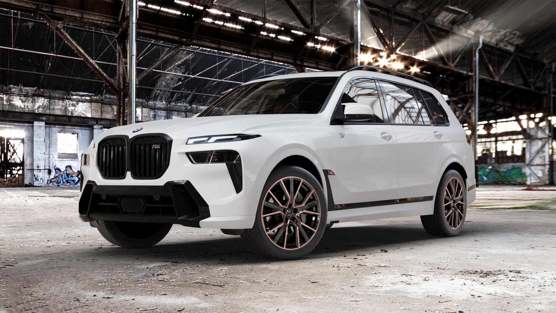 2DRV WH34 Schwarz Kupfer hochglanzpoliert Felge mit Reifen in 21Zoll Winterfelge Alufelge auf weissem BMW X7 Typ G07 (G7X) Facelift ⬇️ mit 15mm Tieferlegung ⬇️ Old Industrial Hall_max_5300mm_2024 Frontansicht_1