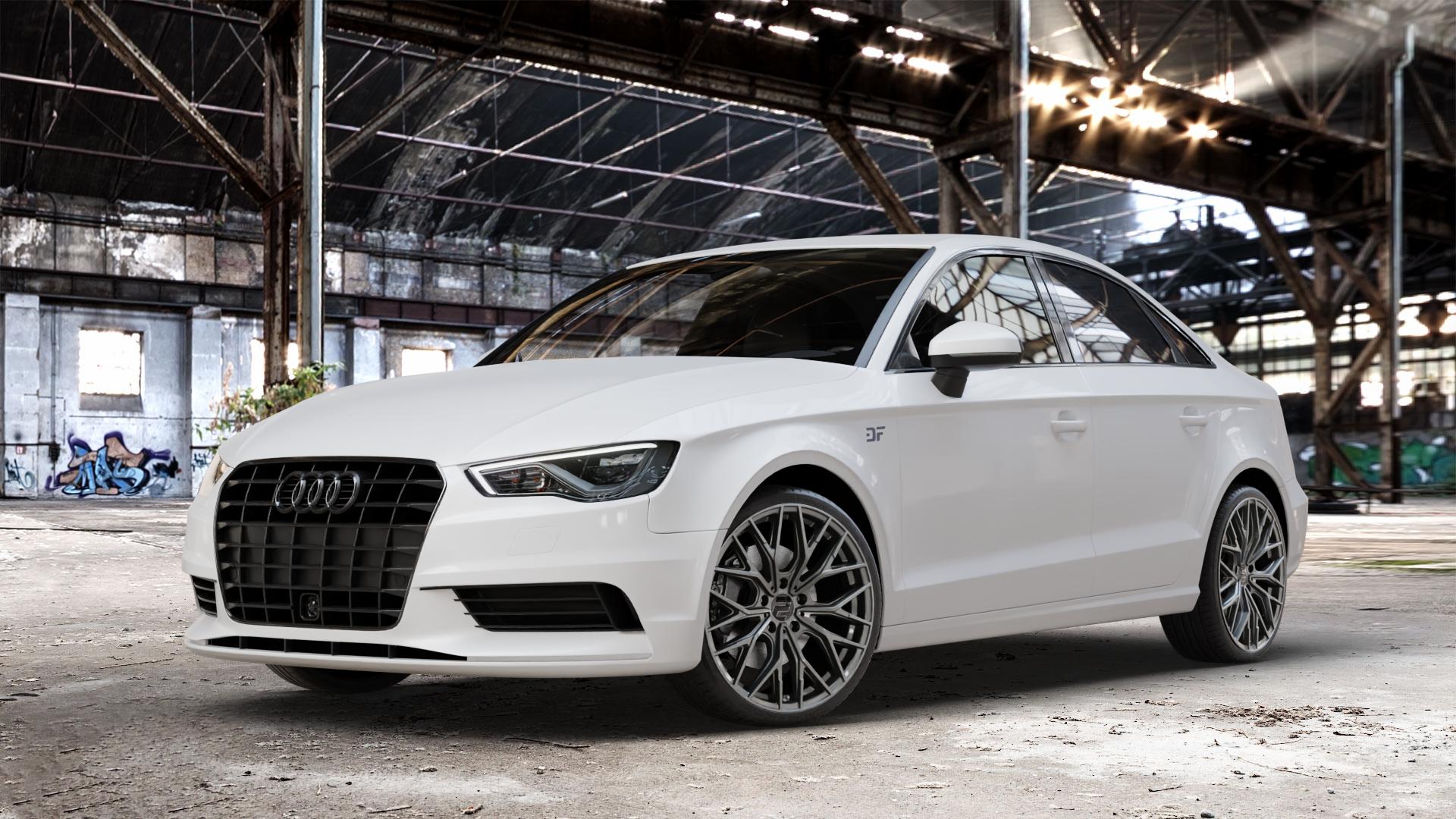 2DRV WH37 Dark Gunmetal lackiert Felge mit Reifen grau in 19Zoll Winterfelge Alufelge auf weissem Audi A3 Typ 8V (Limousine) ⬇️ mit 15mm Tieferlegung ⬇️ Old Industrial Hall_max_4400mm_2024 Frontansicht_1