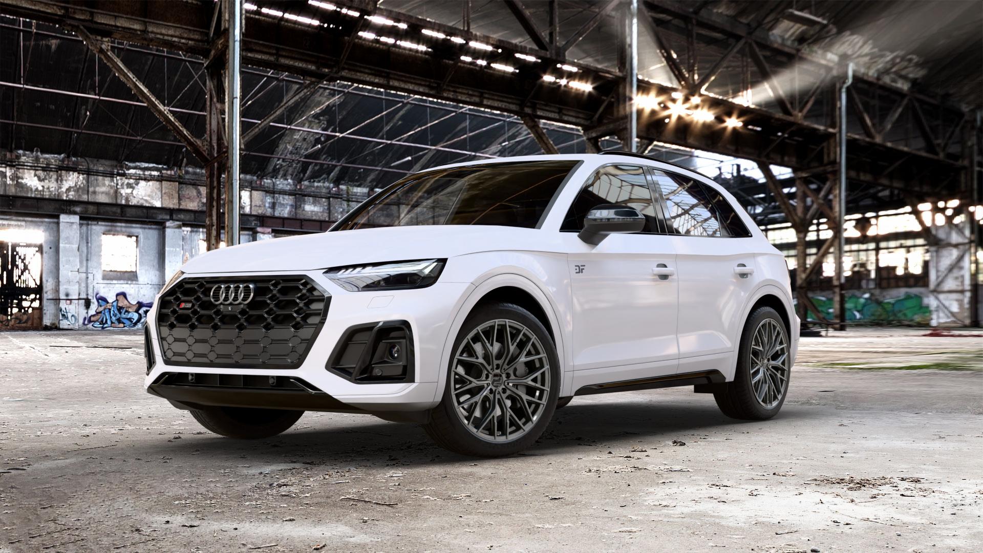 2DRV WH37 Dark Gunmetal lackiert Felge mit Reifen grau in 20Zoll Winterfelge Alufelge auf weissem Audi Q5 II Typ FY Facelift 3,0l SQ5 TDI quattro 251kW Mild-Hybrid (341 PS) ⬇️ mit 15mm Tieferlegung ⬇️ Old Industrial Hall_max_5300mm_2024 Frontansicht_1