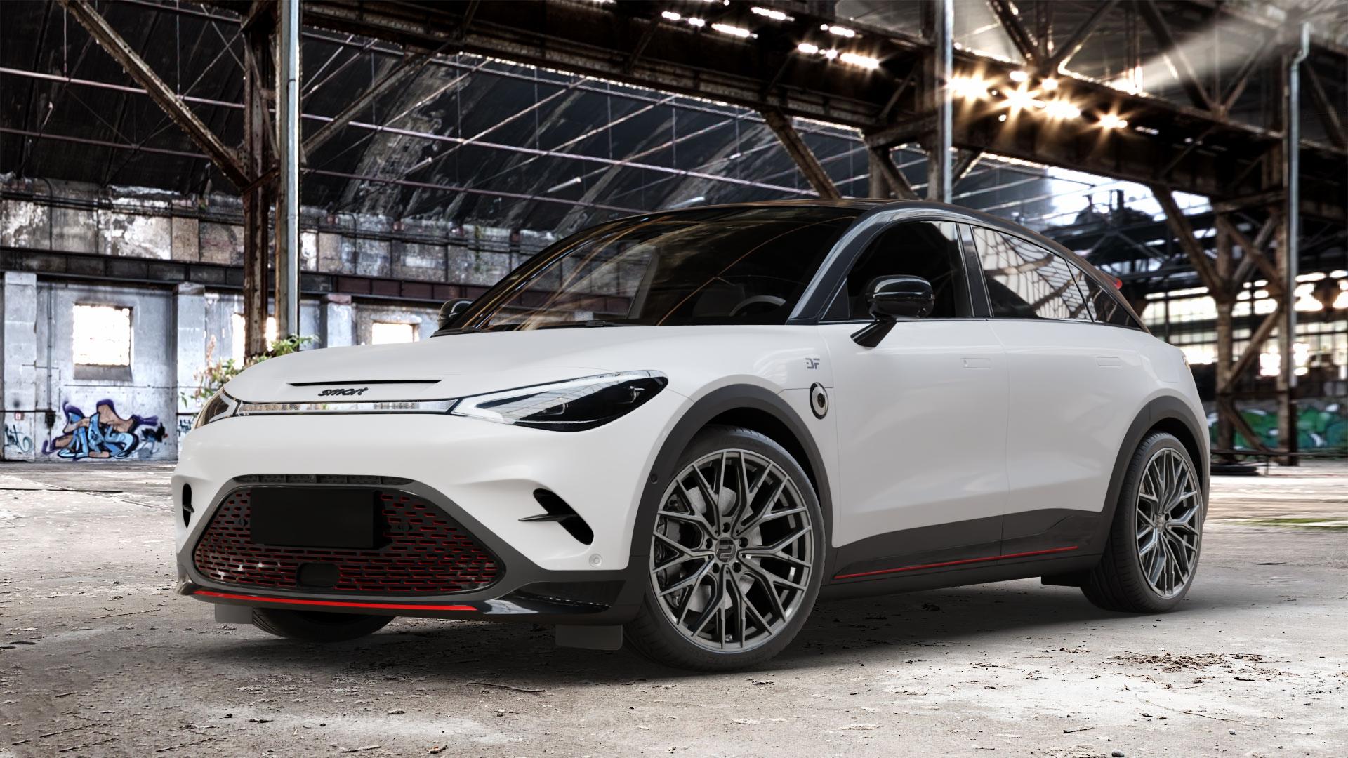 2DRV WH37 Dark Gunmetal lackiert Felge mit Reifen grau in 20Zoll Winterfelge Alufelge auf weissem Smart #3 Typ HC11 ⬇️ mit 15mm Tieferlegung ⬇️ Old Industrial Hall_max_4400mm_2024 Frontansicht_1