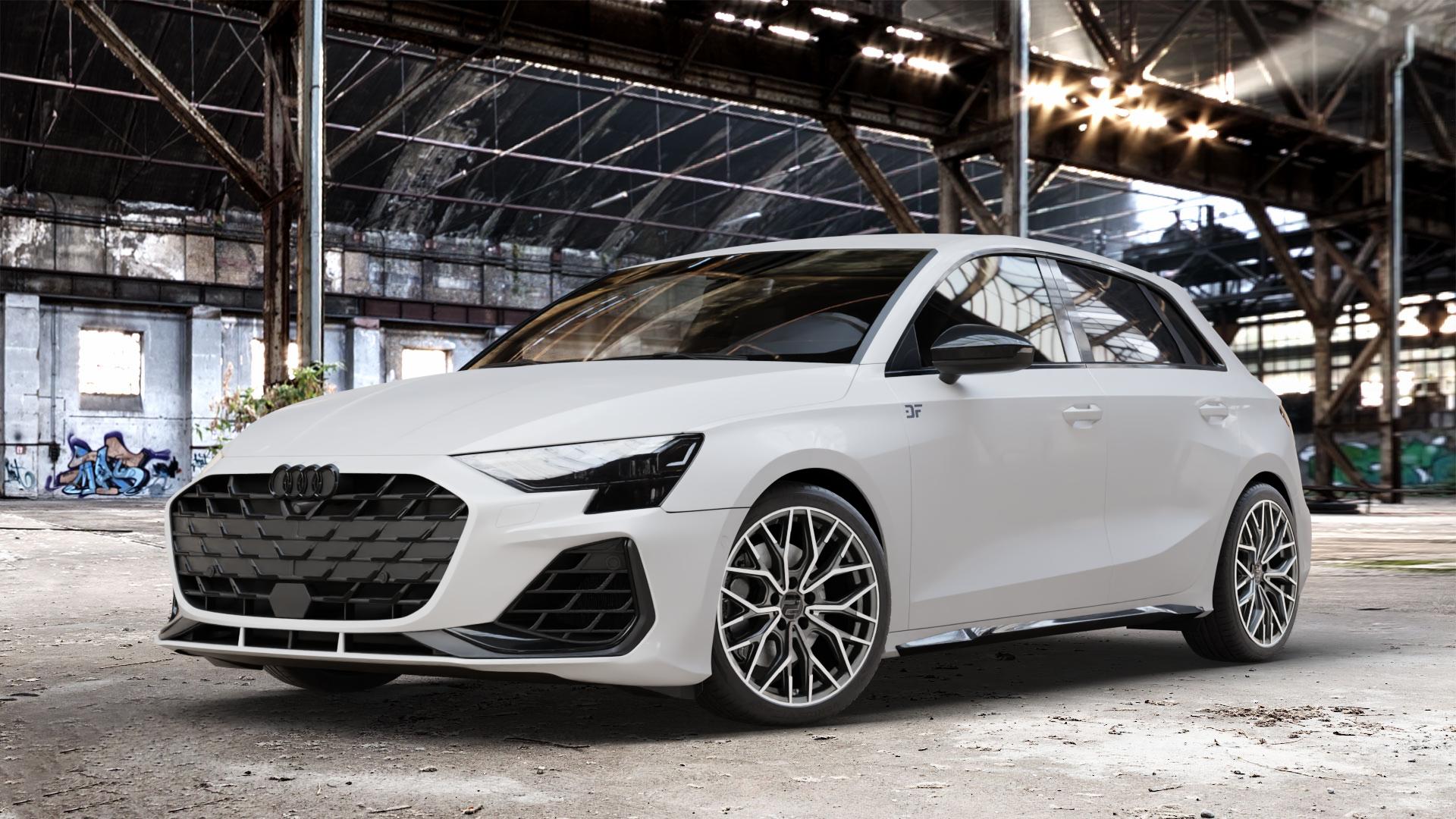 2DRV WH37 Dark Gunmetal poliert Felge mit Reifen grau silber in 18Zoll Winterfelge Alufelge auf weissem Audi A3 Typ GY (Sportback) Facelift 2,0l TFSI quattro 245kW S3 (333 PS) ⬇️ mit 15mm Tieferlegung ⬇️ Old Industrial Hall_max_4400mm_2024 Frontansicht_1