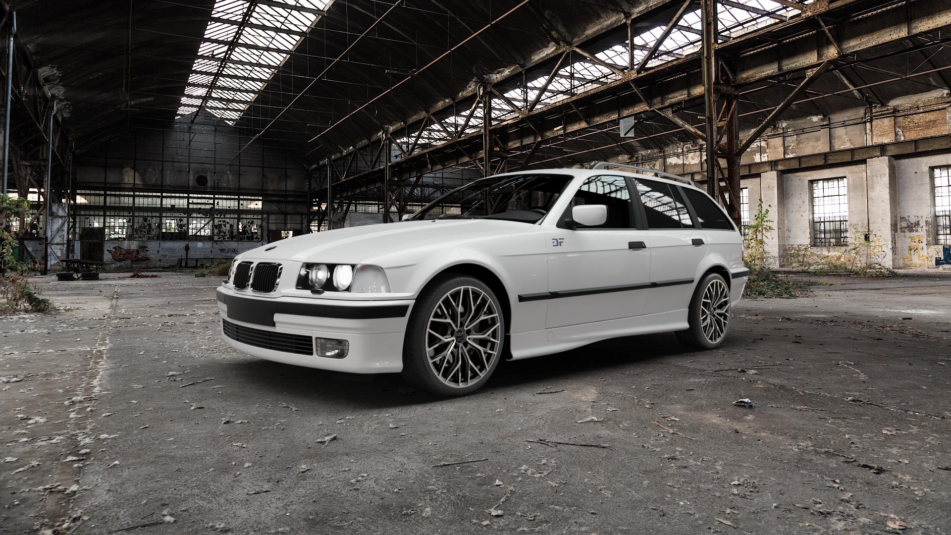 2DRV WH37 Dark Gunmetal poliert Felge mit Reifen grau silber in 18Zoll Winterfelge Alufelge auf weissem BMW 318tds Typ E36 (Touring) 316i 318i 320i 323i 328i 325tds 3er Touring (3/C) ⬇️ mit 15mm Tieferlegung ⬇️ Old Industrial Hall_max5000mm_2022 Frontansicht_1
