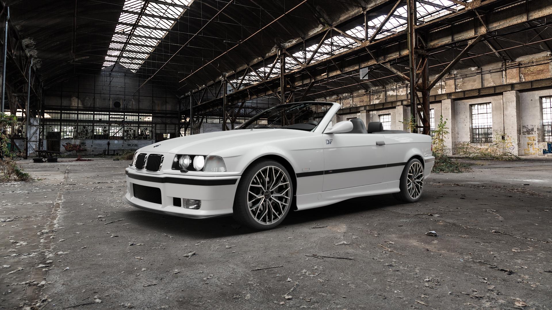 2DRV WH37 Dark Gunmetal poliert Felge mit Reifen grau silber in 18Zoll Winterfelge Alufelge auf weissem BMW M3 Typ E36 (Cabrio) ⬇️ mit 15mm Tieferlegung ⬇️ Old Industrial Hall_max5000mm_2022 Frontansicht_1