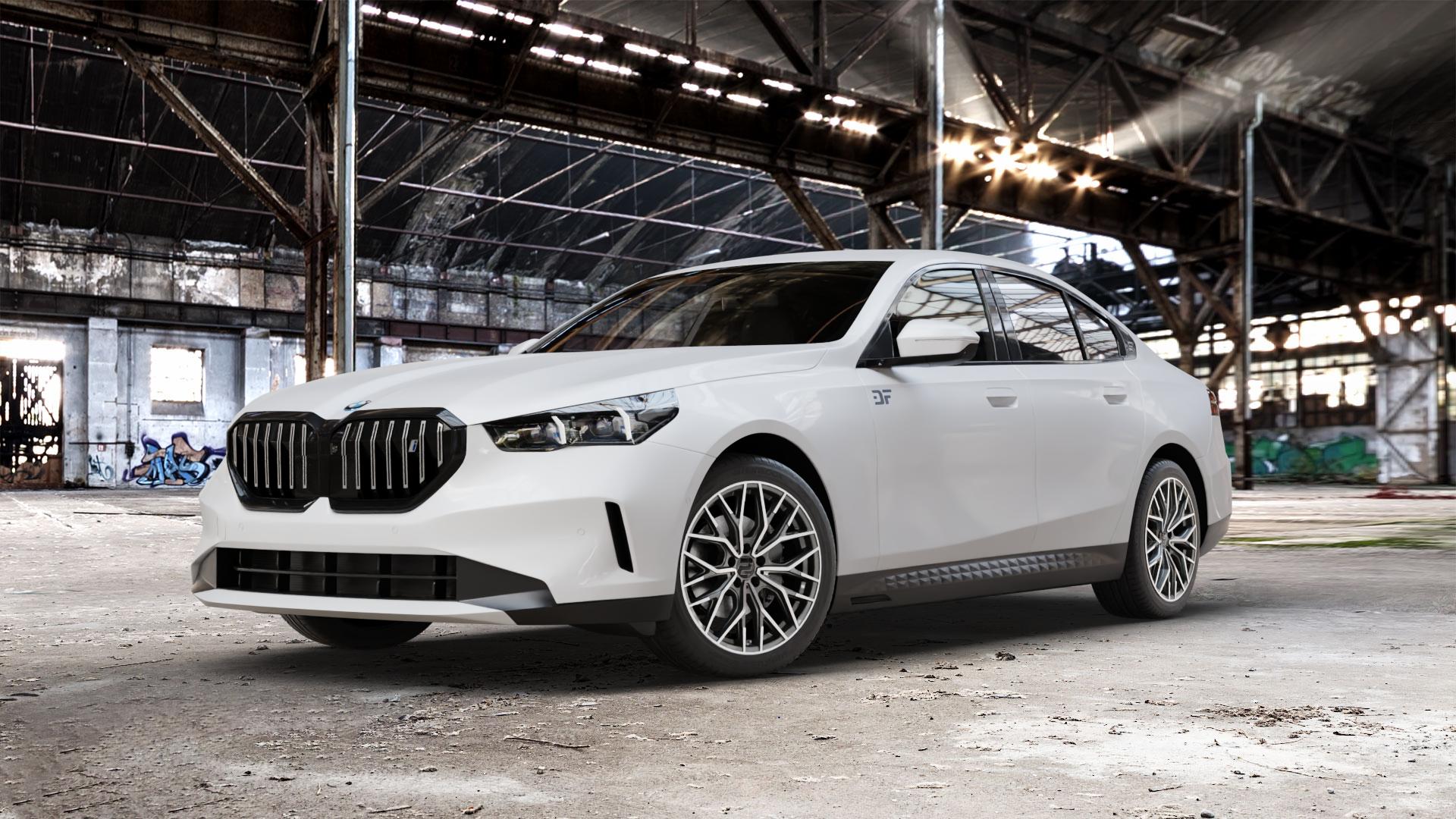 2DRV WH37 Dark Gunmetal poliert Felge mit Reifen grau silber in 19Zoll Winterfelge Alufelge auf weissem BMW i5 (G6E) 0,0l eDrive40 105kW (143 PS) ⬇️ mit 15mm Tieferlegung ⬇️ Old Industrial Hall_max_5300mm_2024 Frontansicht_1