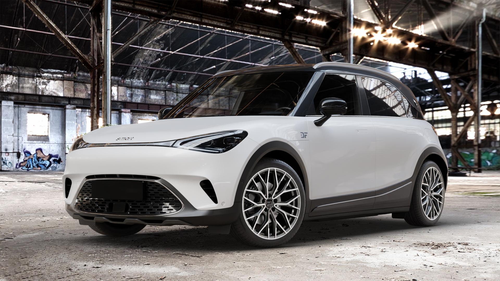2DRV WH37 Dark Gunmetal poliert Felge mit Reifen grau silber in 19Zoll Winterfelge Alufelge auf weissem Smart #1 Typ HX11 ⬇️ mit 15mm Tieferlegung ⬇️ Old Industrial Hall_max_4400mm_2024 Frontansicht_1