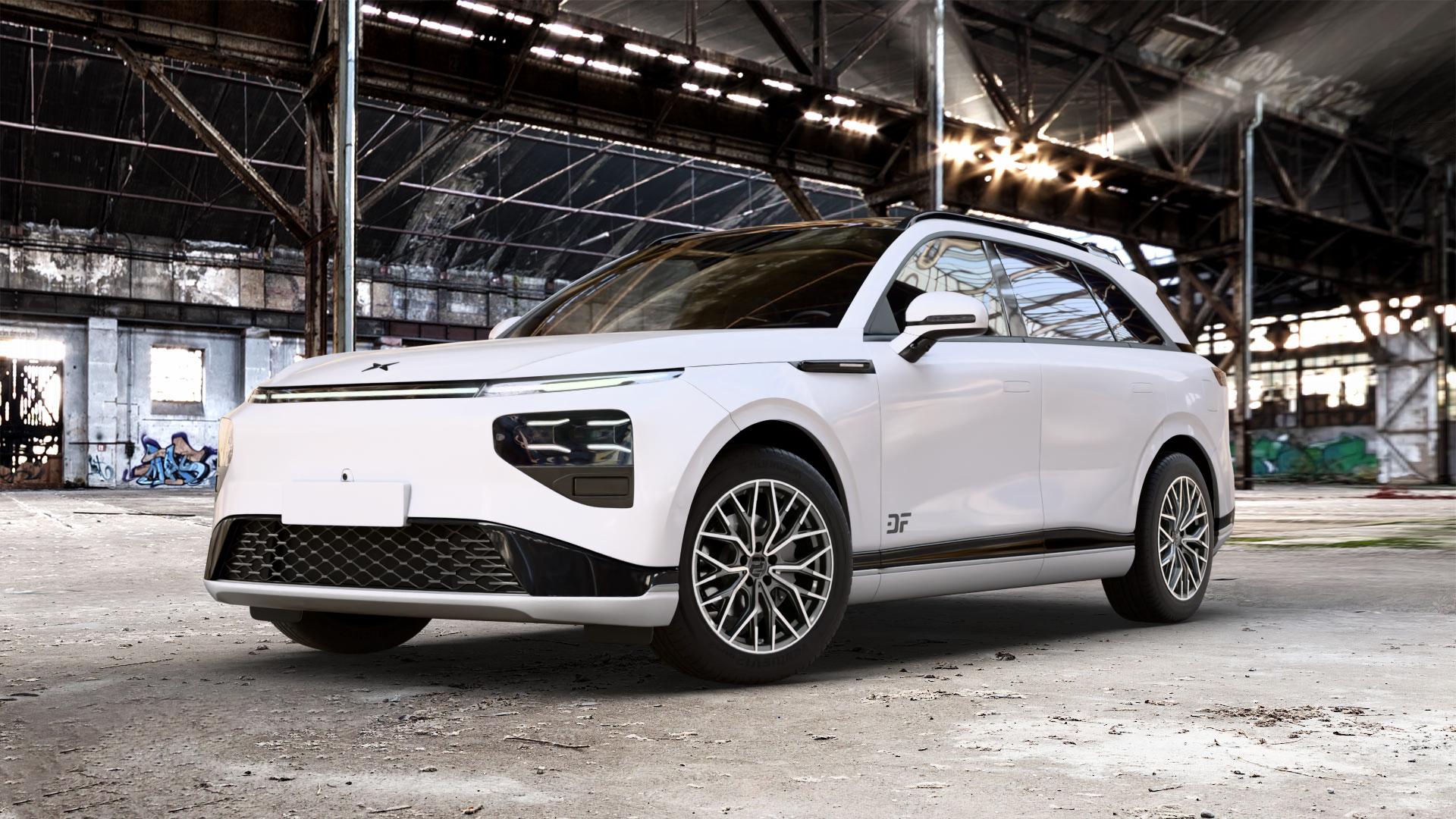 2DRV WH37 Dark Gunmetal poliert Felge mit Reifen grau silber in 19Zoll Winterfelge Alufelge auf weissem Xpeng G9 Typ G9A 0,0l 80kW (109 PS) AWD 100kW (136 ⬇️ mit 15mm Tieferlegung ⬇️ Old Industrial Hall_max_5300mm_2024 Frontansicht_1