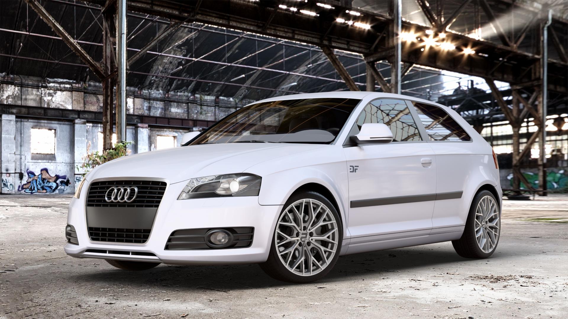 2DRV WH37 Daytona Grau Hochglanzpoliert Felge mit Reifen silber in 18Zoll Winterfelge Alufelge auf weißem Audi A3 Typ 8P ⬇️ mit 15mm Tieferlegung ⬇️ Old Industrial Hall_max_4400mm_2024 Frontansicht_1
