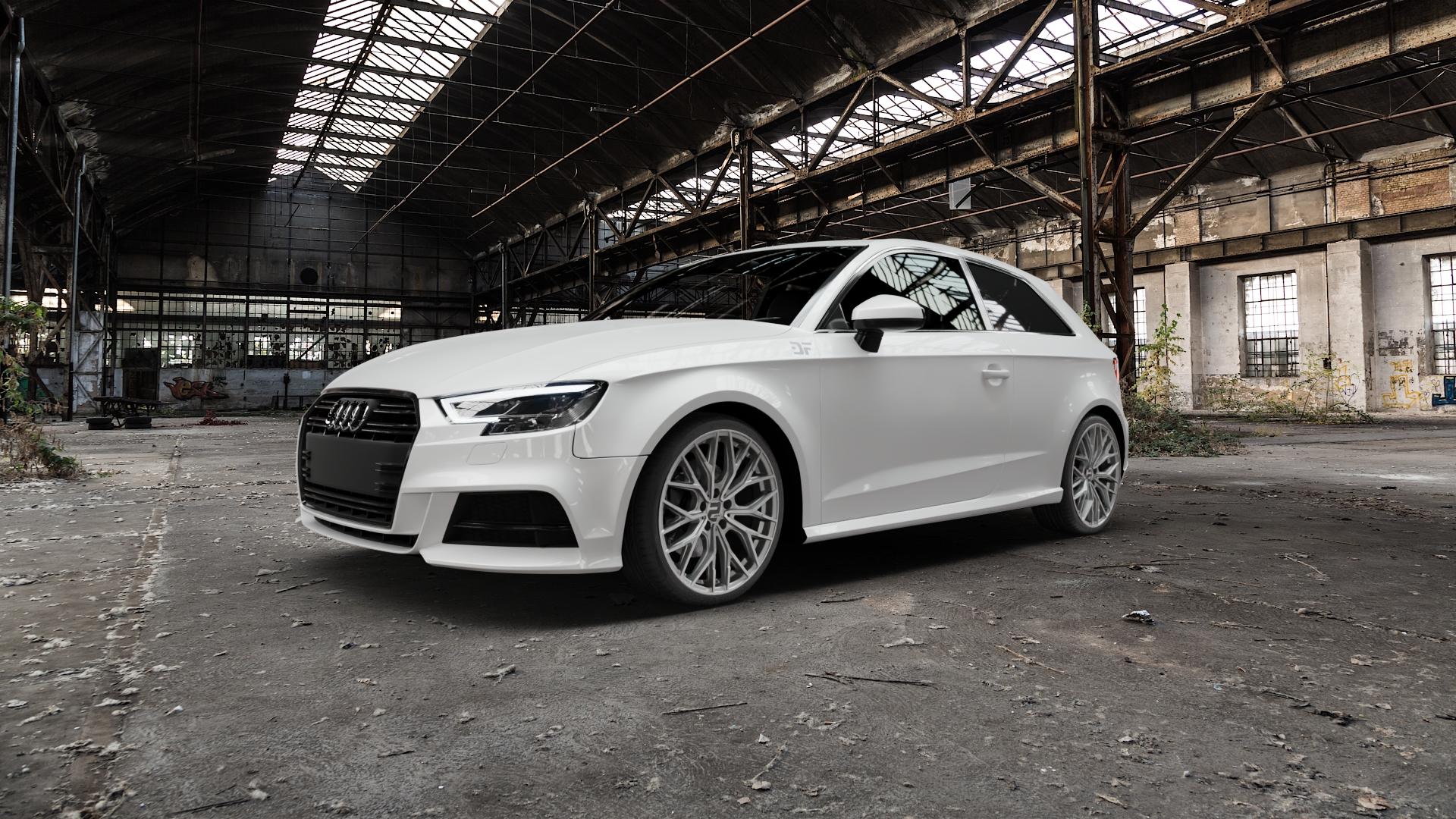 2DRV WH37 Daytona Grau Hochglanzpoliert Felge mit Reifen silber in 19Zoll Winterfelge Alufelge auf weissem Audi A3 Typ 8V Facelift ⬇️ mit 15mm Tieferlegung ⬇️ Old Industrial Hall_max5000mm_2022 Frontansicht_1
