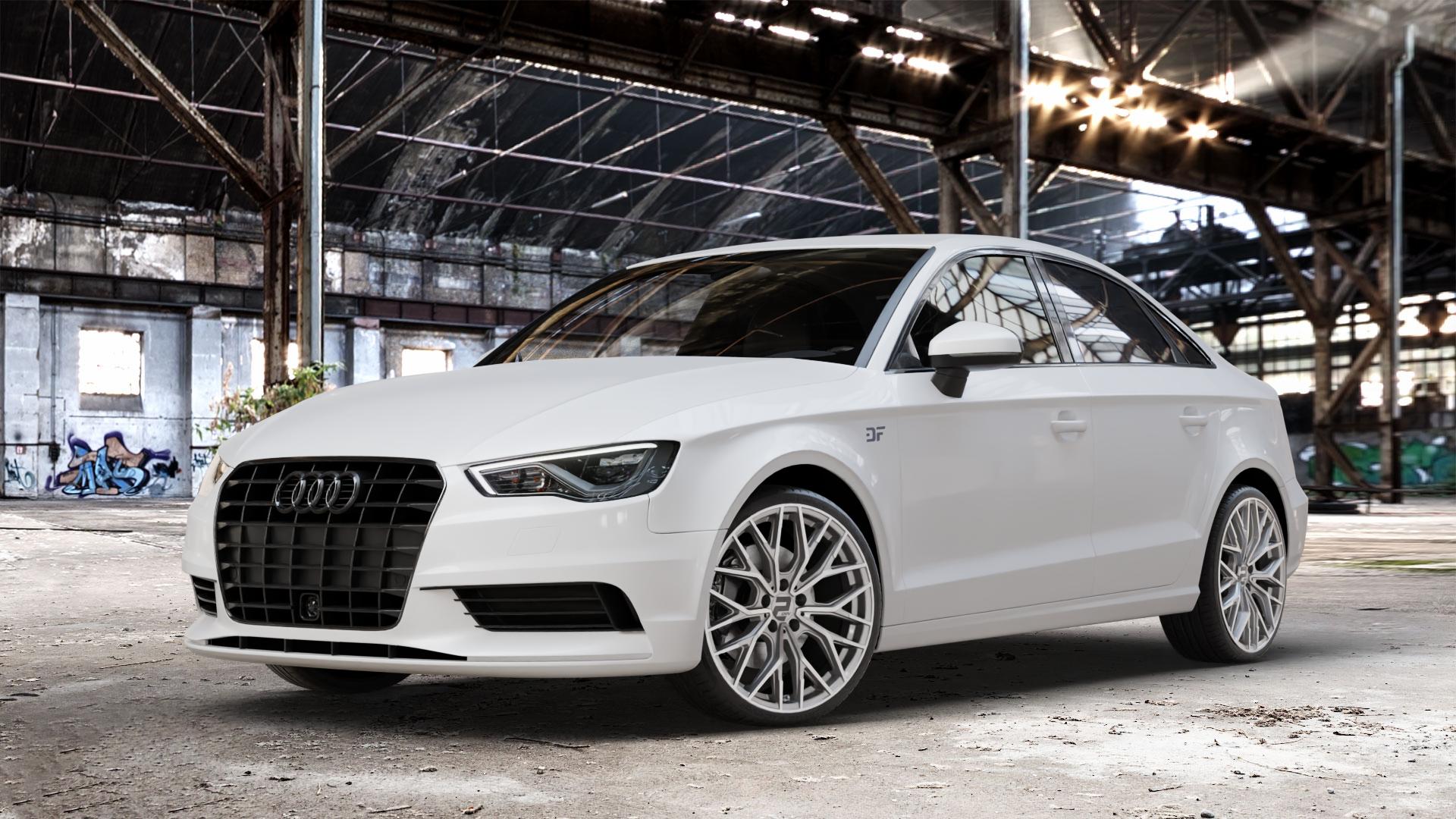 2DRV WH37 Daytona Grau Hochglanzpoliert Felge mit Reifen silber in 19Zoll Winterfelge Alufelge auf weissem Audi A3 Typ 8V (Limousine) ⬇️ mit 15mm Tieferlegung ⬇️ Old Industrial Hall_max_4400mm_2024 Frontansicht_1