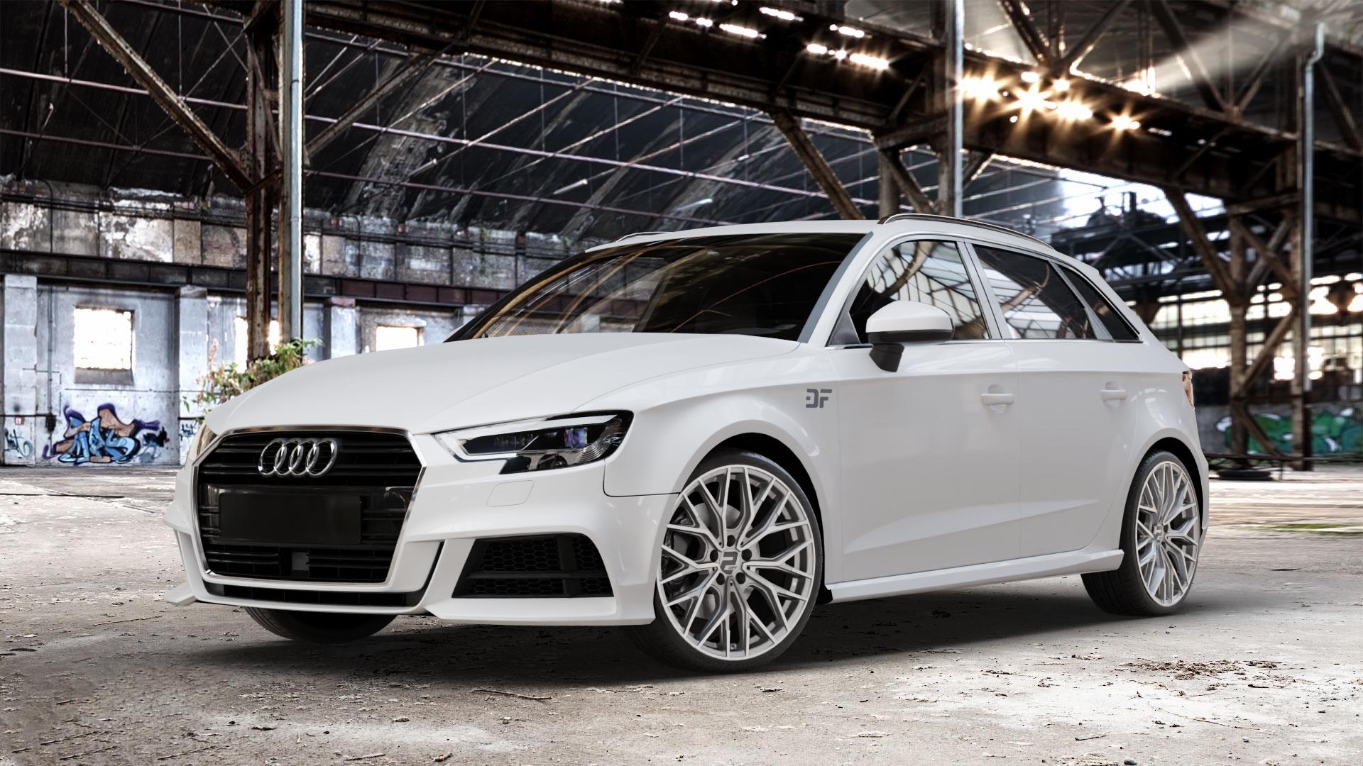 2DRV WH37 Daytona Grau Hochglanzpoliert Felge mit Reifen silber in 19Zoll Winterfelge Alufelge auf weissem Audi A3 Typ 8V (Sportback) Facelift ⬇️ mit 15mm Tieferlegung ⬇️ Old Industrial Hall_max_4400mm_2024 Frontansicht_1