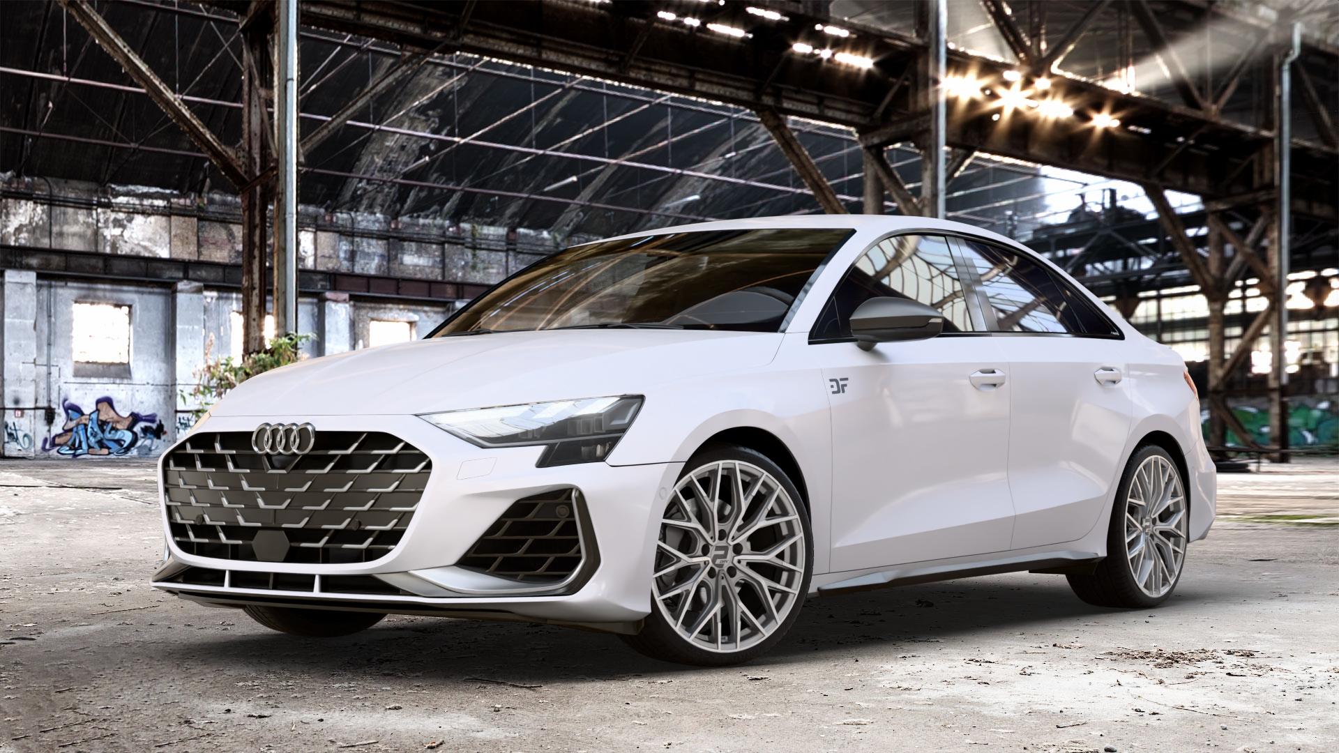 2DRV WH37 Daytona Grau Hochglanzpoliert Felge mit Reifen silber in 19Zoll Winterfelge Alufelge auf weissem Audi A3 Typ GY (Limousine) 2,0l TFSI quattro 228kW S3 (310 PS) ⬇️ mit 15mm Tieferlegung ⬇️ Old Industrial Hall_max_4400mm_2024 Frontansicht_1