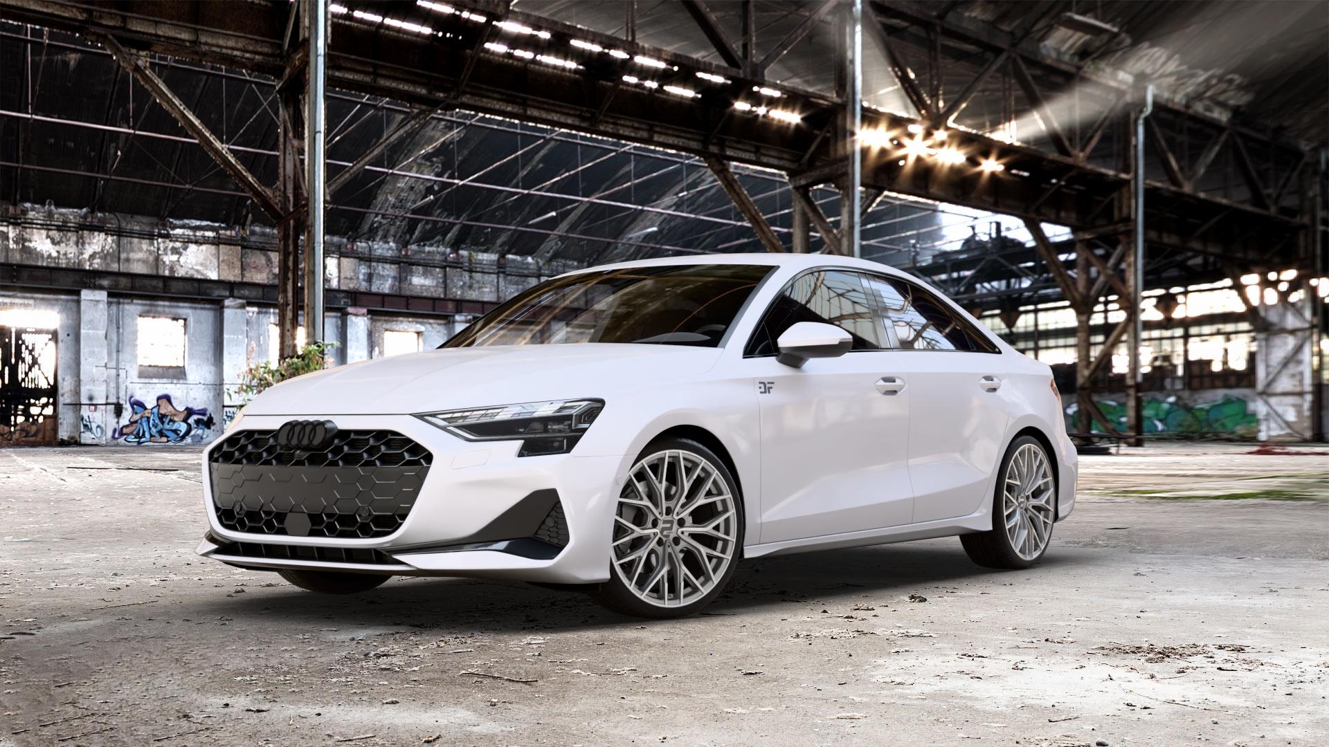 2DRV WH37 Daytona Grau Hochglanzpoliert Felge mit Reifen silber in 19Zoll Winterfelge Alufelge auf weissem Audi A3 Typ GY (Limousine) Facelift 1,5l 30 TFSI 85kW (116 PS) Mild-Hybrid 35 110kW (150 2,0l TDI ⬇️ mit 15mm Tieferlegung ⬇️ Old Industrial Hall_max_5300mm_2024 Frontansicht_1