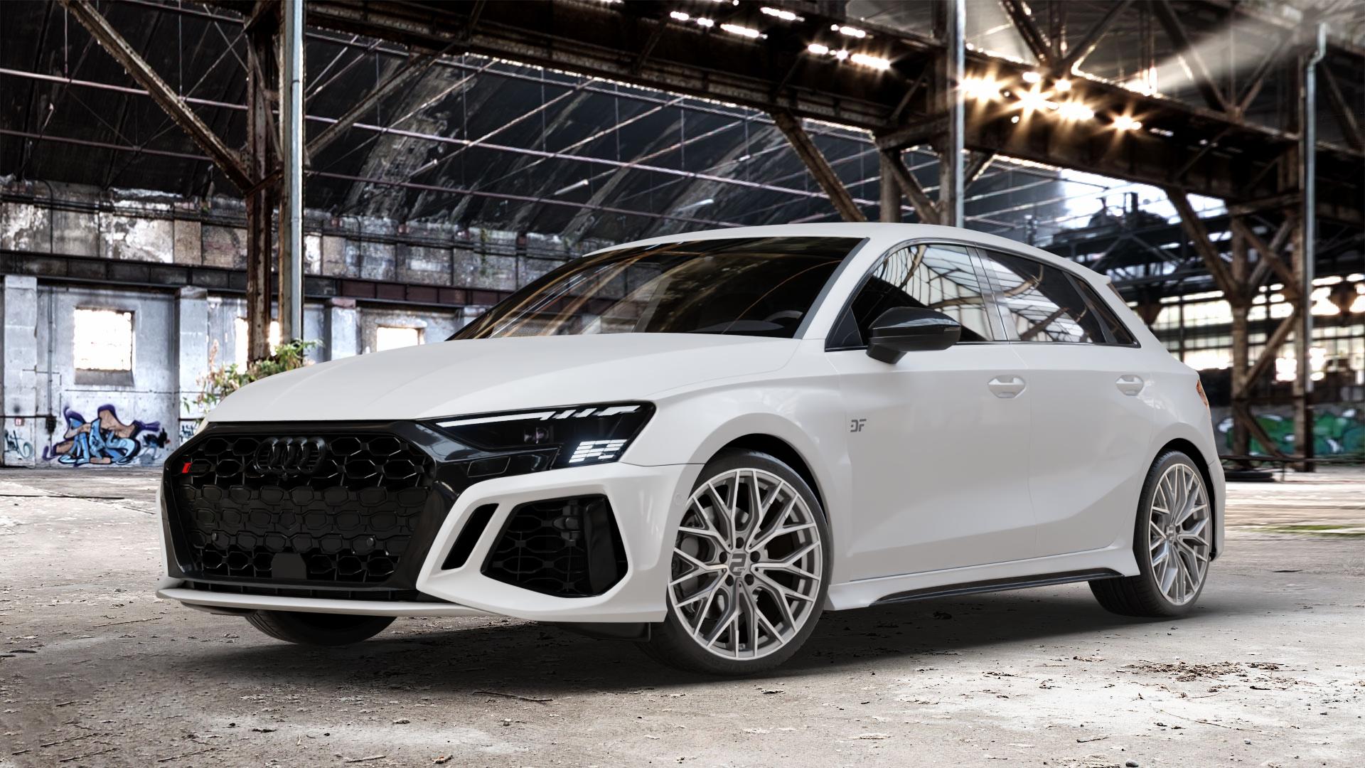 2DRV WH37 Daytona Grau Hochglanzpoliert Felge mit Reifen silber in 19Zoll Winterfelge Alufelge auf weissem Audi A3 Typ GY (Sportback) 2,5l TFSI quattro 294kW RS3 (400 PS) 299kW (407 ⬇️ mit 15mm Tieferlegung ⬇️ Old Industrial Hall_max_4400mm_2024 Frontansicht_1