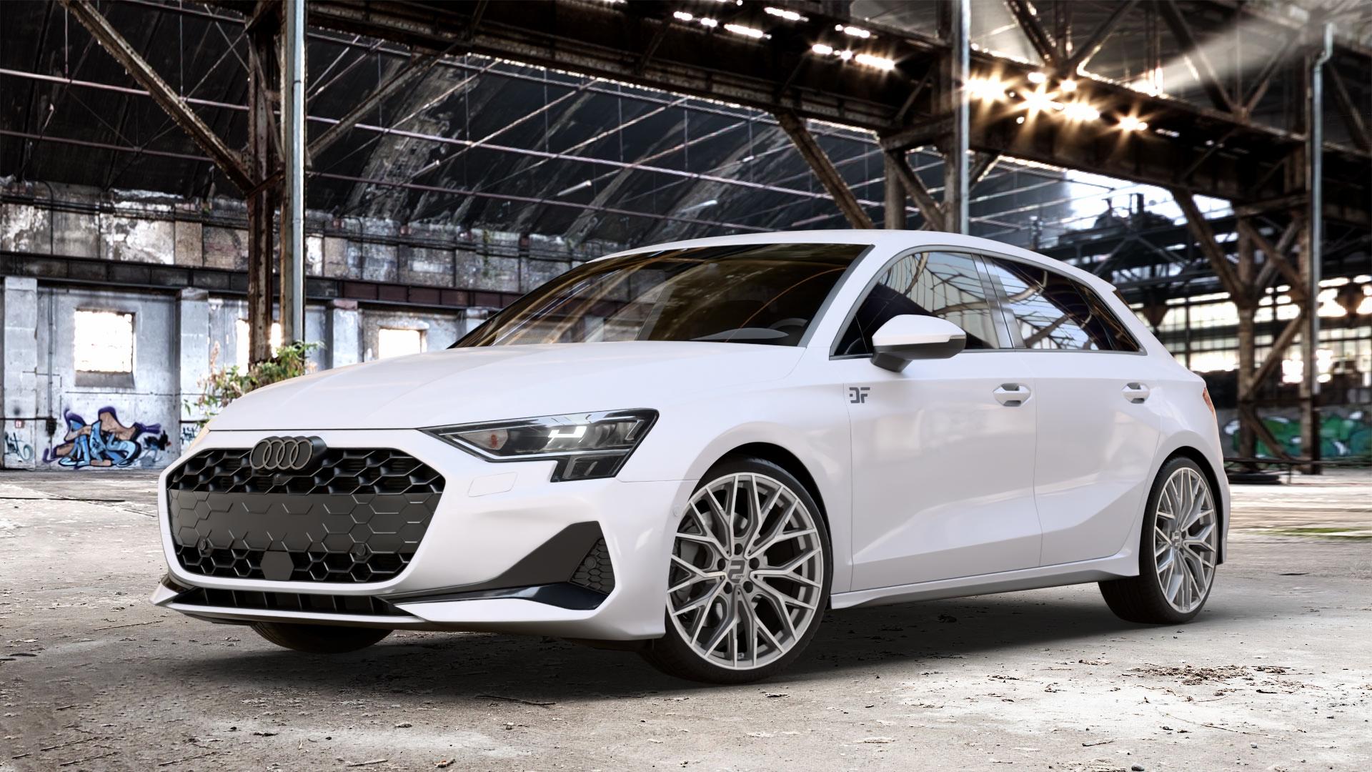 2DRV WH37 Daytona Grau Hochglanzpoliert Felge mit Reifen silber in 19Zoll Winterfelge Alufelge auf weissem Audi A3 Typ GY (Sportback) Facelift 2,0l 30 TDI 85kW (116 PS) 1,5l TFSI Mild-Hybrid 35 110kW (150 PHEV 200 130kW Hybrid (177 150 ⬇️ mit 15mm Tieferlegung ⬇️ Old Industrial Hall_max_4400mm_2024 Frontansicht_1