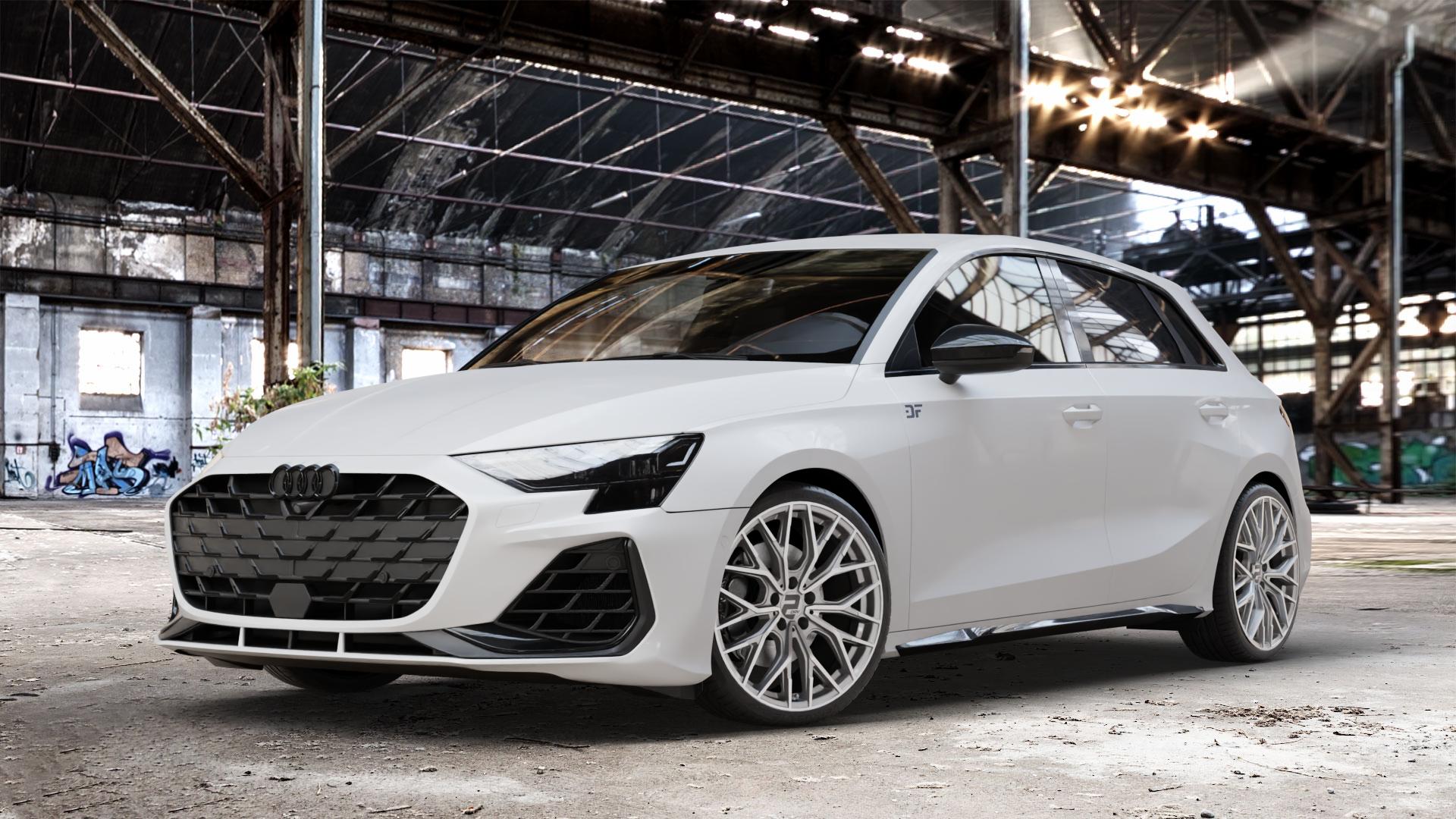 2DRV WH37 Daytona Grau Hochglanzpoliert Felge mit Reifen silber in 19Zoll Winterfelge Alufelge auf weissem Audi A3 Typ GY (Sportback) Facelift 2,0l TFSI quattro 245kW S3 (333 PS) ⬇️ mit 15mm Tieferlegung ⬇️ Old Industrial Hall_max_4400mm_2024 Frontansicht_1