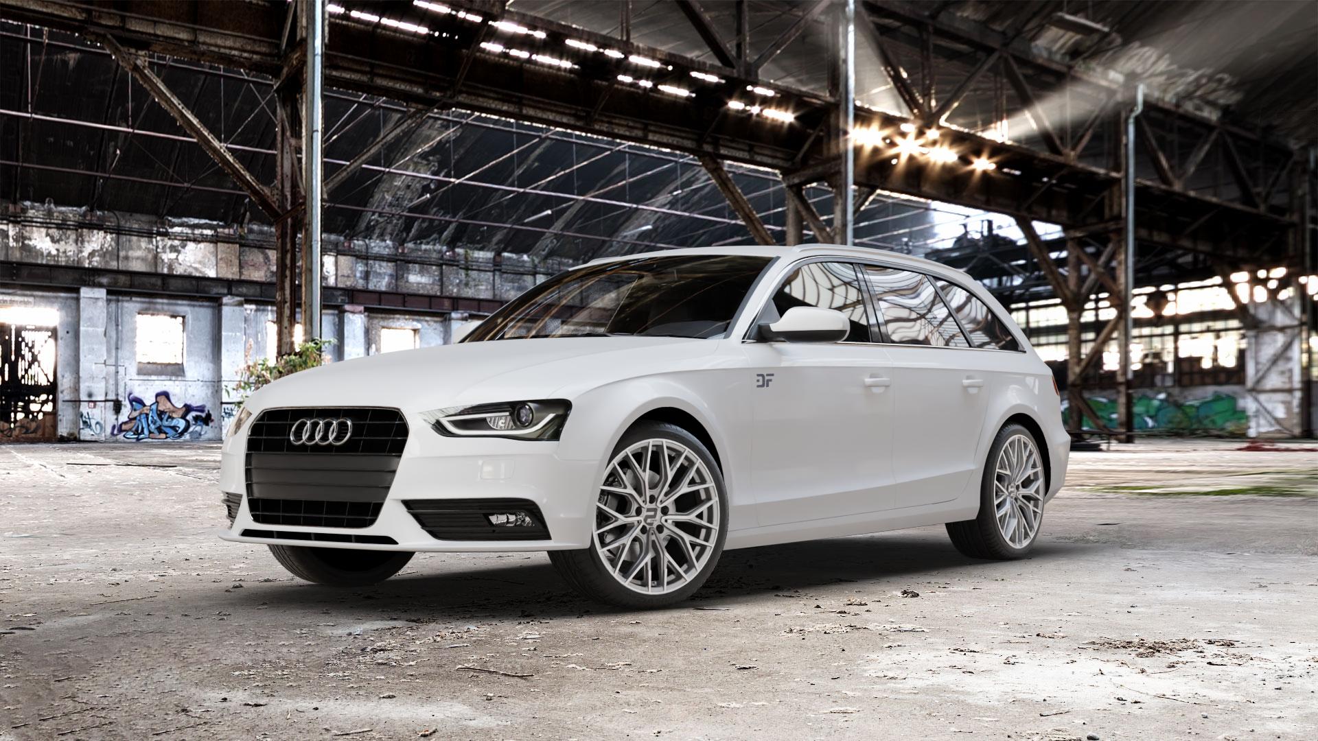 2DRV WH37 Daytona Grau Hochglanzpoliert Felge mit Reifen silber in 19Zoll Winterfelge Alufelge auf weissem Audi A4 Typ 8K5/B8 (Avant) Facelift ⬇️ mit 15mm Tieferlegung ⬇️ Old Industrial Hall_max_5300mm_2024 Frontansicht_1
