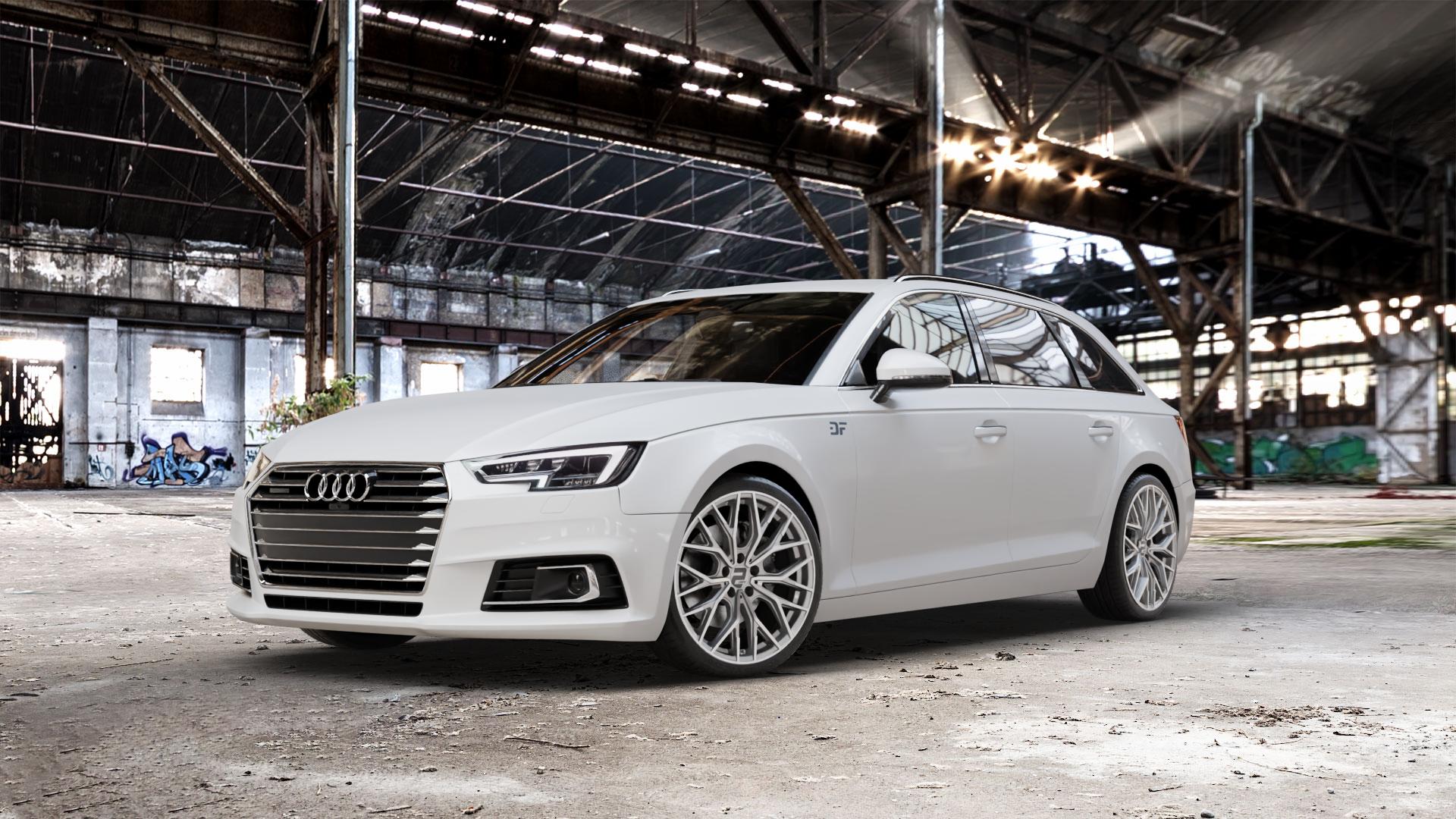 2DRV WH37 Daytona Grau Hochglanzpoliert Felge mit Reifen silber in 19Zoll Winterfelge Alufelge auf weissem Audi A4 Typ B9 (Avant) ⬇️ mit 15mm Tieferlegung ⬇️ Old Industrial Hall_max_5300mm_2024 Frontansicht_1