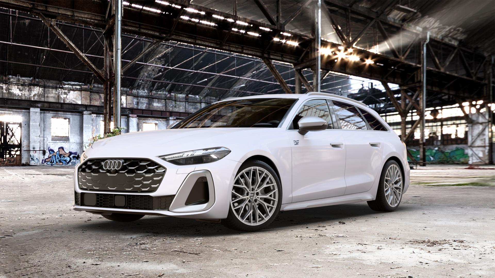 2DRV WH37 Daytona Grau Hochglanzpoliert Felge mit Reifen silber in 19Zoll Winterfelge Alufelge auf weissem Audi A5 Typ B10 (Avant) 3,0l S5 270kW Mild-Hybrid (367 PS) ⬇️ mit 15mm Tieferlegung ⬇️ Old Industrial Hall_max_5300mm_2024 Frontansicht_1