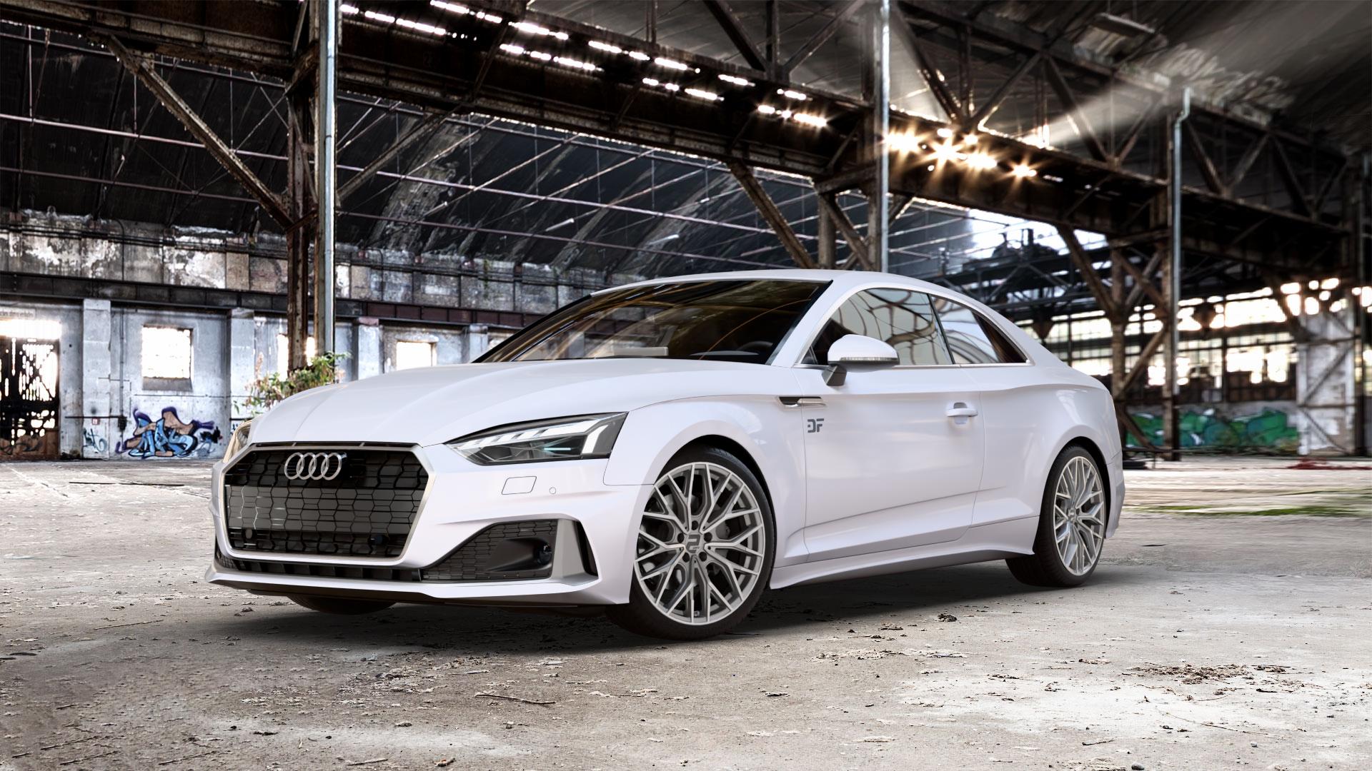 2DRV WH37 Daytona Grau Hochglanzpoliert Felge mit Reifen silber in 19Zoll Winterfelge Alufelge auf weißem Audi A5 Typ B9 (Coupé) Facelift ⬇️ mit 15mm Tieferlegung ⬇️ Old Industrial Hall_max_5300mm_2024 Frontansicht_1