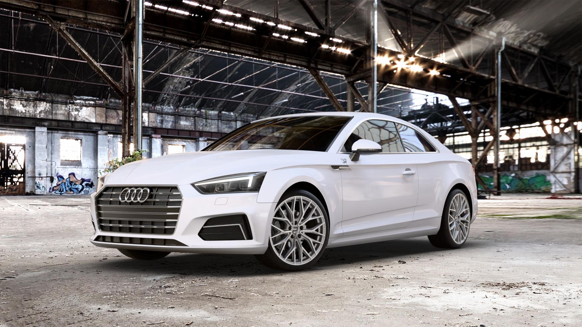 2DRV WH37 Daytona Grau Hochglanzpoliert Felge mit Reifen silber in 19Zoll Winterfelge Alufelge auf weissem Audi A5 Typ B9 (Coupé) ⬇️ mit 15mm Tieferlegung ⬇️ Old Industrial Hall_max_5300mm_2024 Frontansicht_1