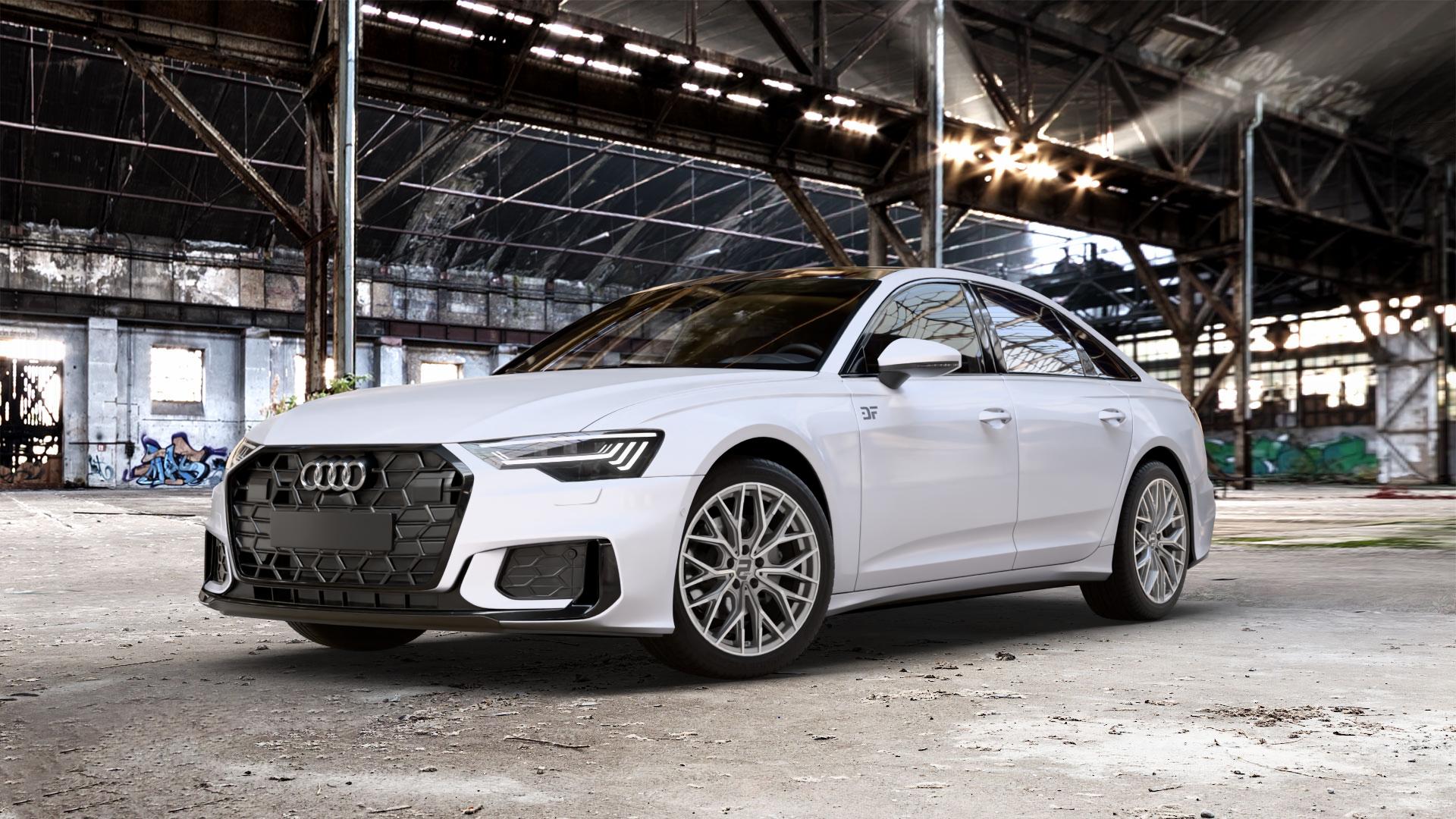 2DRV WH37 Daytona Grau Hochglanzpoliert Felge mit Reifen silber in 19Zoll Winterfelge Alufelge auf weissem Audi A6 Typ F2/C8 (Limousine) Facelift ⬇️ mit 15mm Tieferlegung ⬇️ Old Industrial Hall_max_5300mm_2024 Frontansicht_1