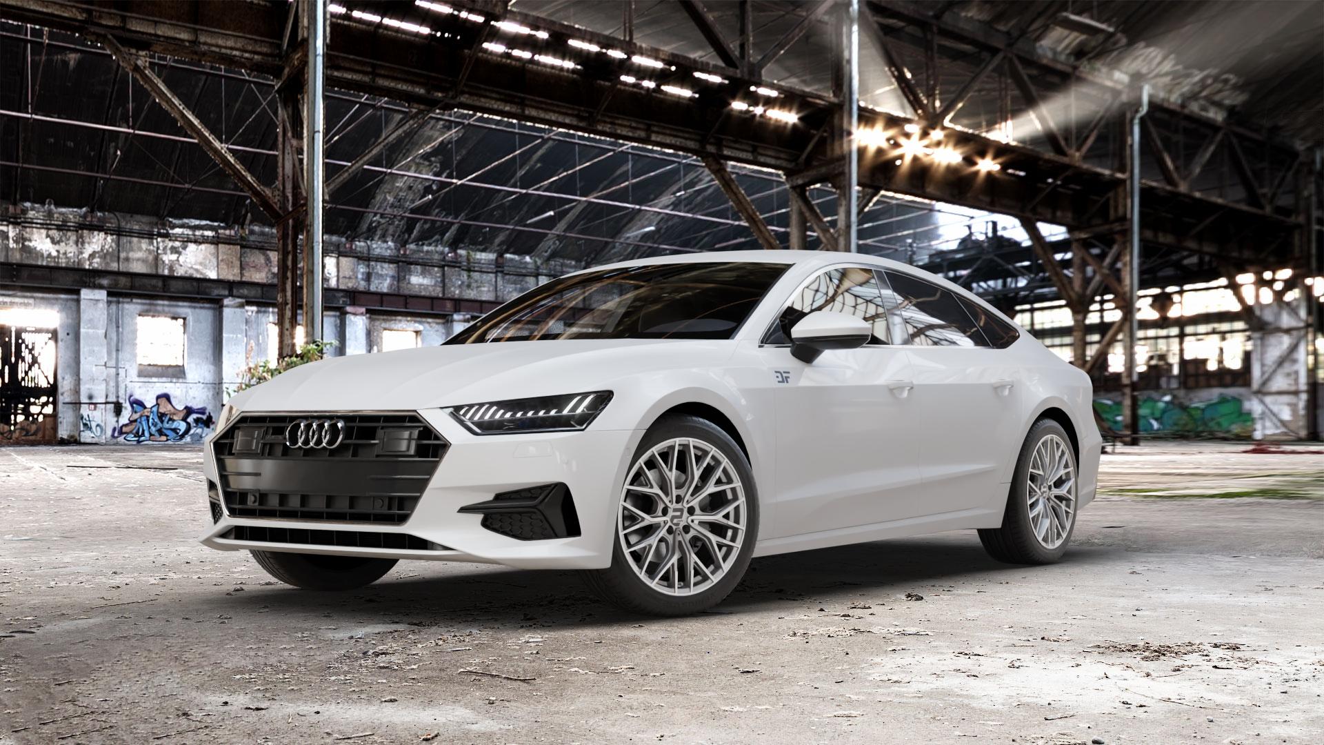 2DRV WH37 Daytona Grau Hochglanzpoliert Felge mit Reifen silber in 19Zoll Winterfelge Alufelge auf weissem Audi A7 Typ F2/C8 (Sportback) ⬇️ mit 15mm Tieferlegung ⬇️ Old Industrial Hall_max_5300mm_2024 Frontansicht_1