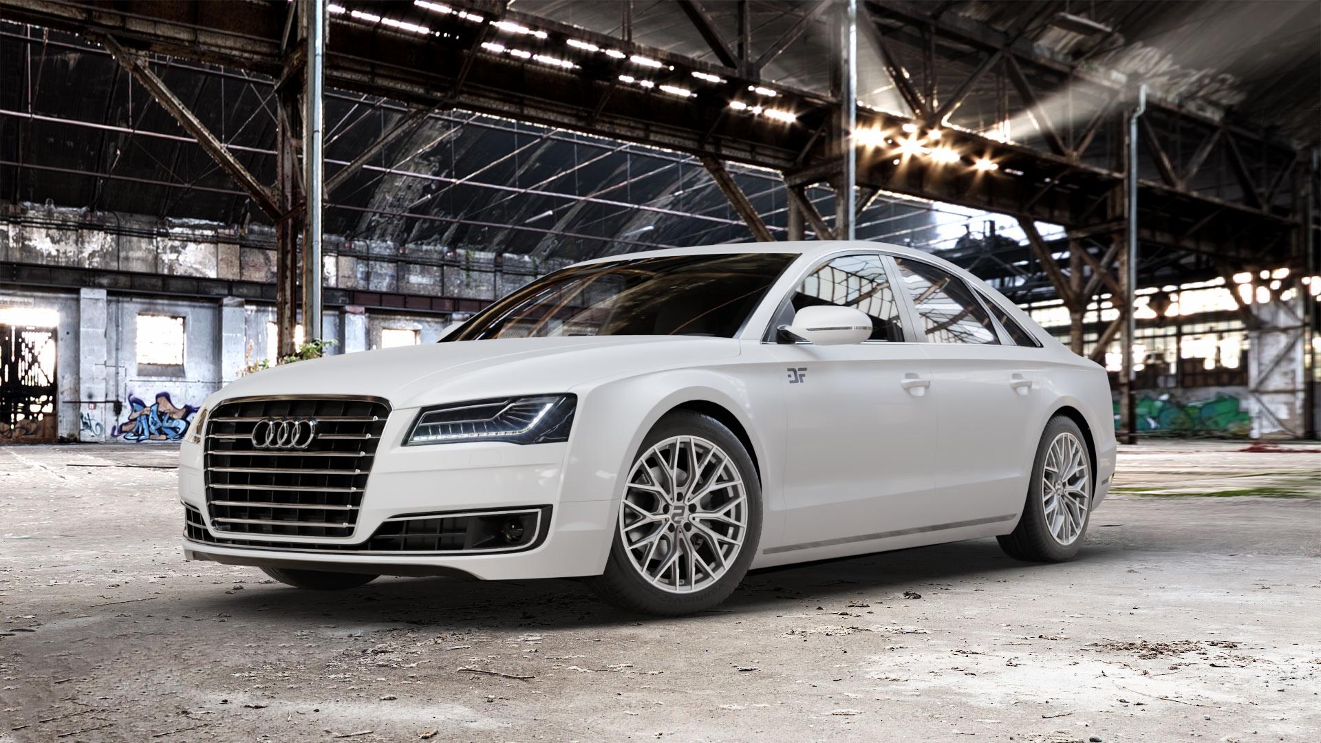 2DRV WH37 Daytona Grau Hochglanzpoliert Felge mit Reifen silber in 19Zoll Winterfelge Alufelge auf weissem Audi A8 Typ D4/4H Facelift ⬇️ mit 15mm Tieferlegung ⬇️ Old Industrial Hall_max_5300mm_2024 Frontansicht_1