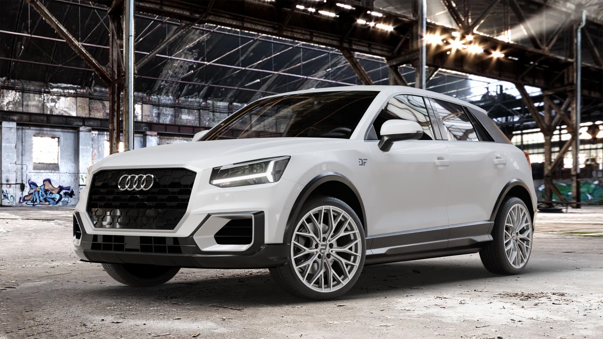 2DRV WH37 Daytona Grau Hochglanzpoliert Felge mit Reifen silber in 19Zoll Winterfelge Alufelge auf weißem Audi Q2 Typ GA Facelift ⬇️ mit 15mm Tieferlegung ⬇️ Old Industrial Hall_max_4400mm_2024 Frontansicht_1