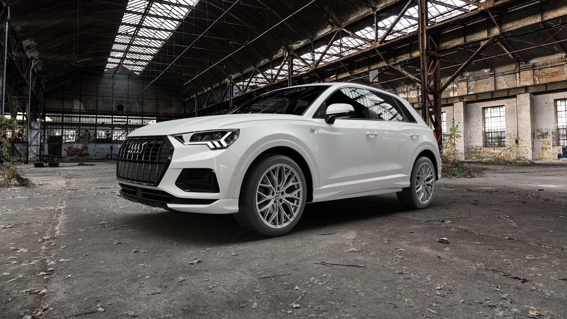 2DRV WH37 Daytona Grau Hochglanzpoliert Felge mit Reifen silber in 19Zoll Winterfelge Alufelge auf weissem Audi Q3 II Sportback Typ F3 ⬇️ mit 15mm Tieferlegung ⬇️ Old Industrial Hall_max5000mm_2022 Frontansicht_1