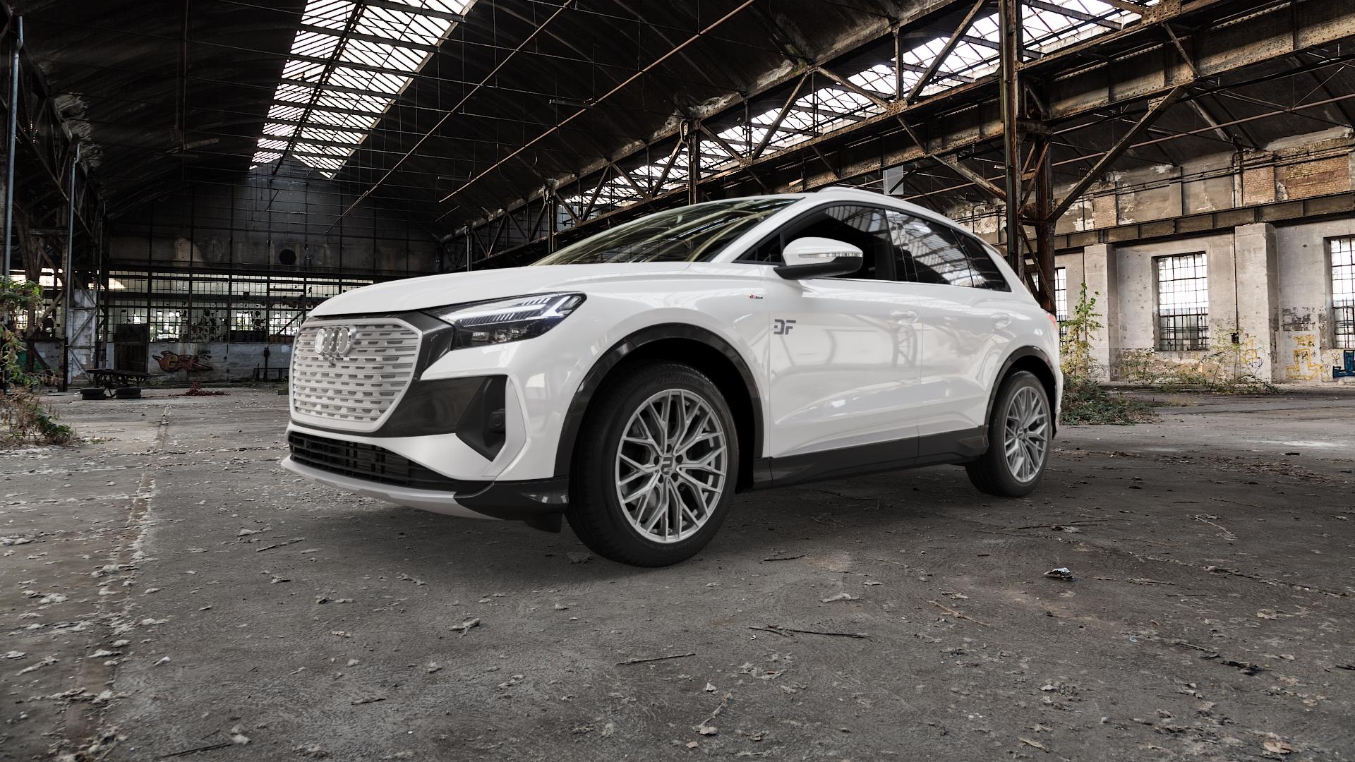 2DRV WH37 Daytona Grau Hochglanzpoliert Felge mit Reifen silber in 19Zoll Winterfelge Alufelge auf weissem Audi Q4 Typ FZ ⬇️ mit 15mm Tieferlegung ⬇️ Old Industrial Hall_max5000mm_2022 Frontansicht_1
