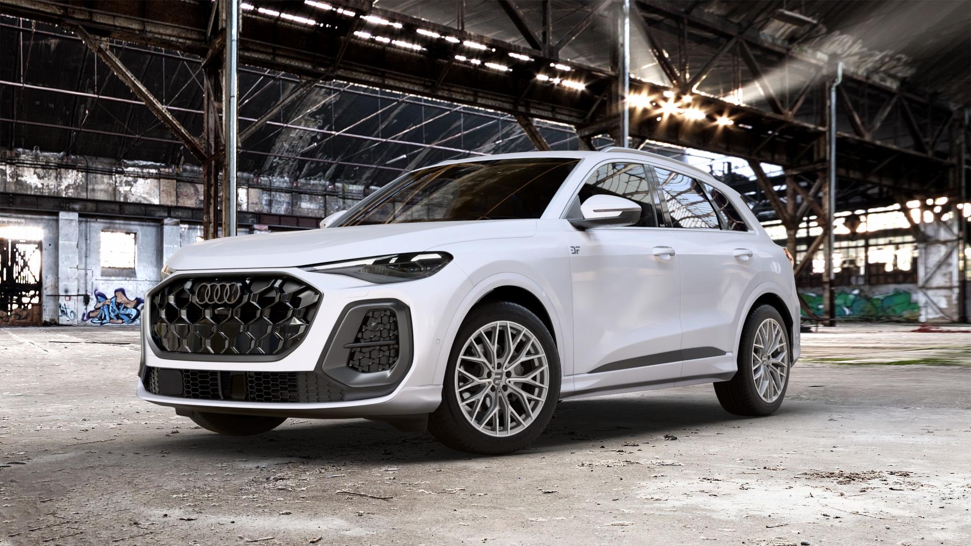 2DRV WH37 Daytona Grau Hochglanzpoliert Felge mit Reifen silber in 19Zoll Winterfelge Alufelge auf weissem Audi Q5 III Typ GU (FY) ⬇️ mit 15mm Tieferlegung ⬇️ Old Industrial Hall_max_5300mm_2024 Frontansicht_1