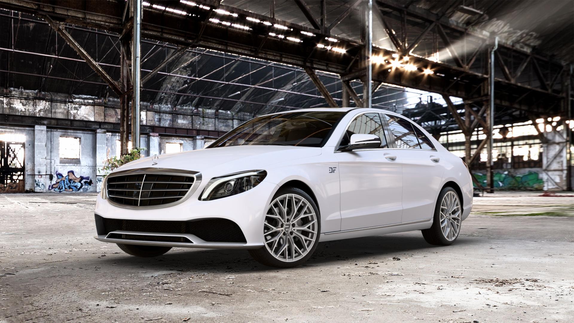 2DRV WH37 Daytona Grau Hochglanzpoliert Felge mit Reifen silber in 19Zoll Winterfelge Alufelge auf weissem Mercedes C-Klasse Typ W205 Limousine Facelift ⬇️ mit 15mm Tieferlegung ⬇️ Old Industrial Hall_max_5300mm_2024 Frontansicht_1
