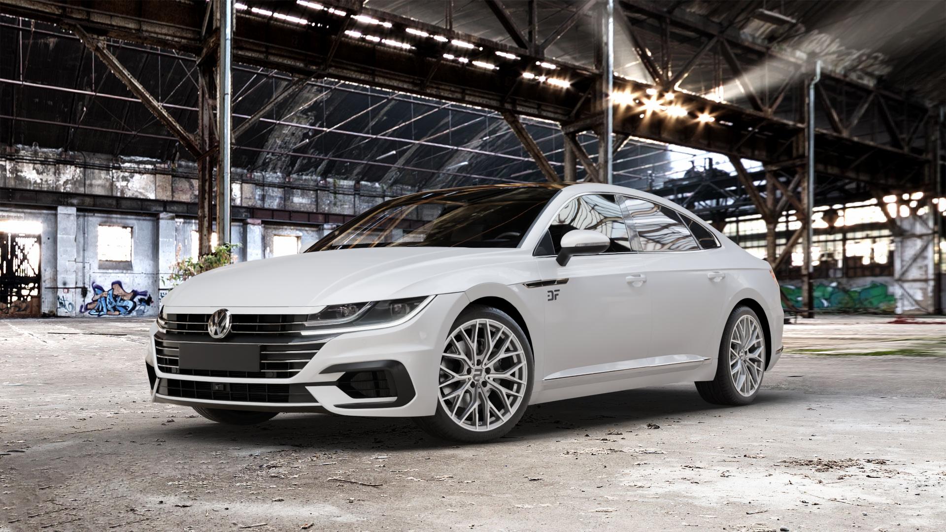 2DRV WH37 Daytona Grau Hochglanzpoliert Felge mit Reifen silber in 19Zoll Winterfelge Alufelge auf weissem Volkswagen (VW) Arteon Typ 3H ⬇️ mit 15mm Tieferlegung ⬇️ Old Industrial Hall_max_5300mm_2024 Frontansicht_1