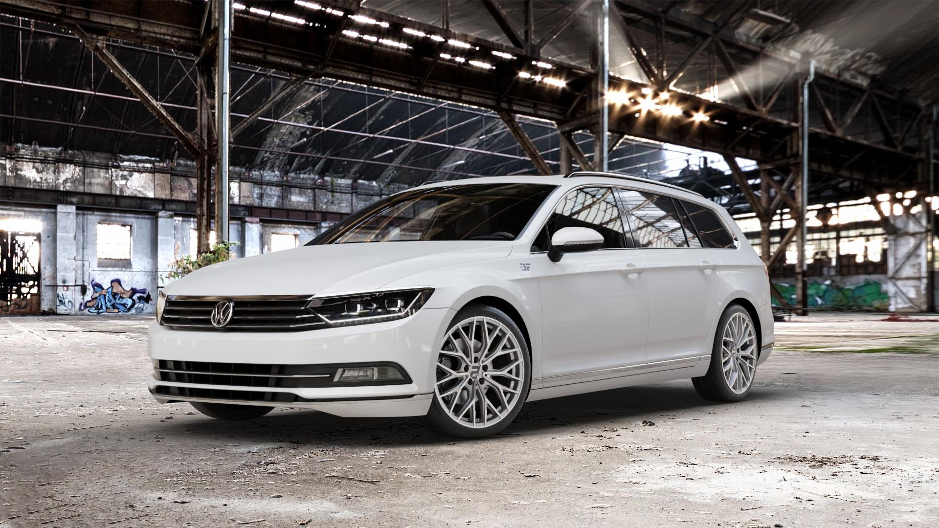 2DRV WH37 Daytona Grau Hochglanzpoliert Felge mit Reifen silber in 19Zoll Winterfelge Alufelge auf weissem Volkswagen (VW) Passat 3C/B8 Limousine Variant ⬇️ mit 15mm Tieferlegung ⬇️ Old Industrial Hall_max_5300mm_2024 Frontansicht_1