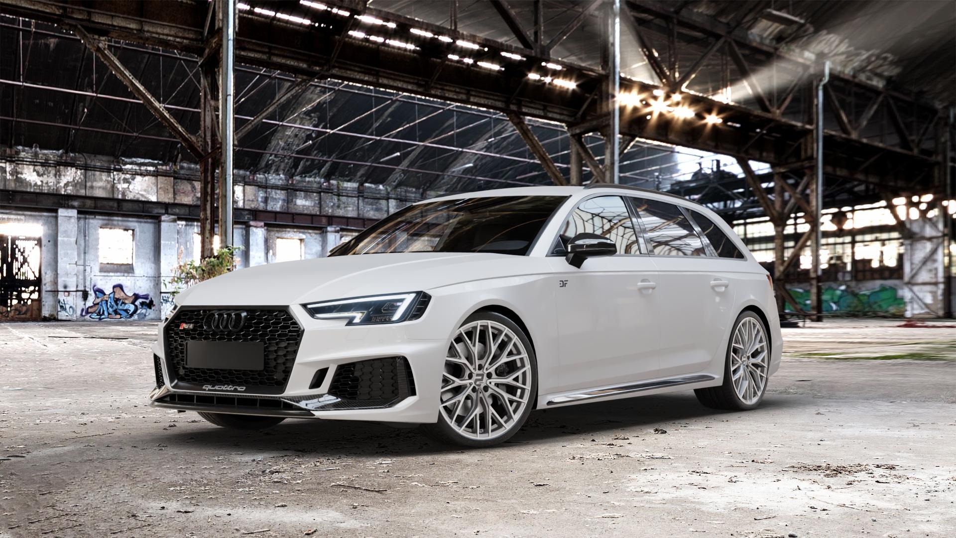 2DRV WH37 Daytona Grau Hochglanzpoliert Felge mit Reifen silber in 20Zoll Winterfelge Alufelge auf weissem Audi A4 Typ B9 (Avant) 2,9l RS4 TFSI quattro 331kW (450 PS) ⬇️ mit 15mm Tieferlegung ⬇️ Old Industrial Hall_max_5300mm_2024 Frontansicht_1