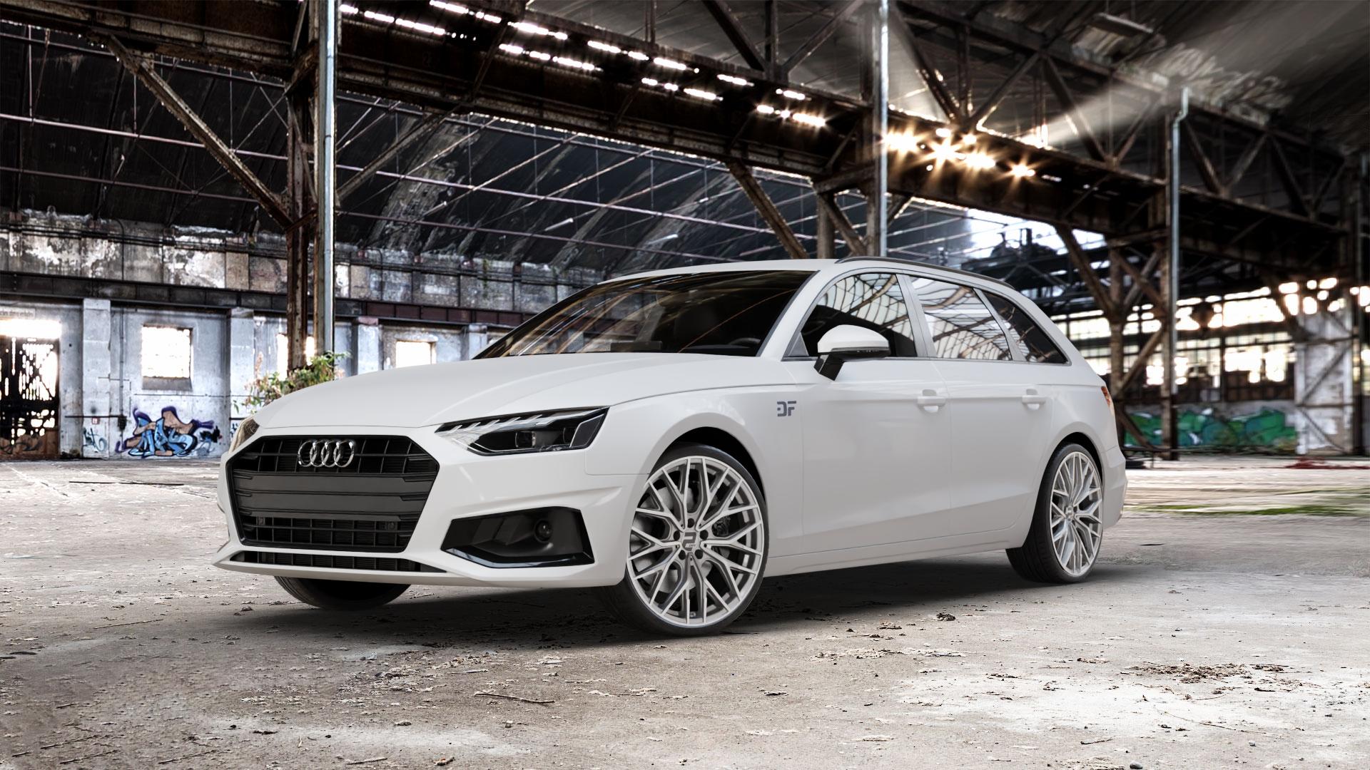 2DRV WH37 Daytona Grau Hochglanzpoliert Felge mit Reifen silber in 20Zoll Winterfelge Alufelge auf weissem Audi A4 Typ B9 (Avant) Facelift ⬇️ mit 15mm Tieferlegung ⬇️ Old Industrial Hall_max_5300mm_2024 Frontansicht_1