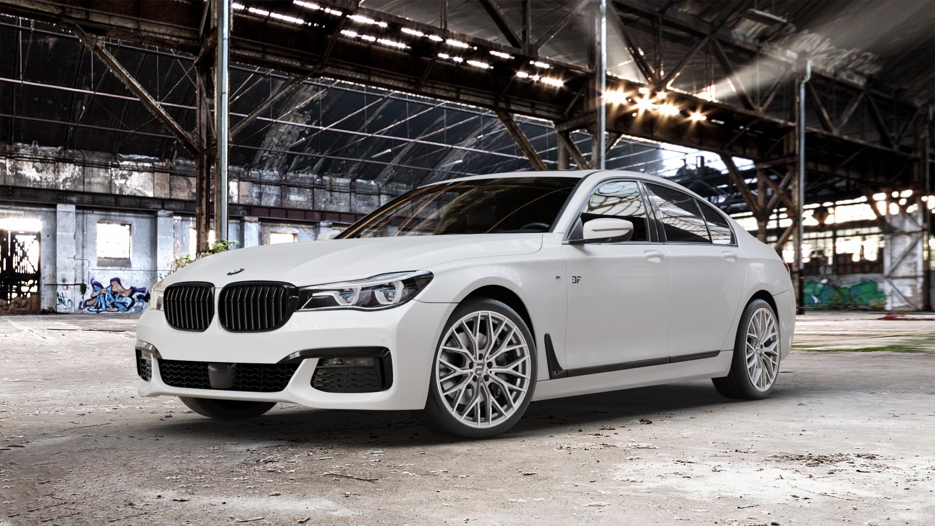 2DRV WH37 Daytona Grau Hochglanzpoliert Felge mit Reifen silber in 20Zoll Winterfelge Alufelge auf weissem BMW M760Li xDrive Typ G12 Facelift 6,6l 430kW (585 PS) ⬇️ mit 15mm Tieferlegung ⬇️ Old Industrial Hall_max_5300mm_2024 Frontansicht_1